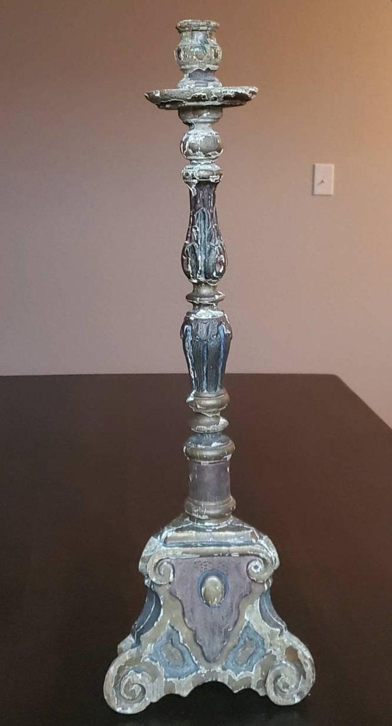 Hand-Carved 18th Century Venetian Baroque Polychrome Carved Altar Candlestick