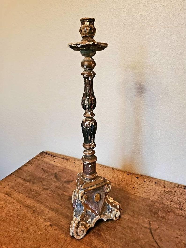 18th Century Venetian Baroque Polychrome Carved Altar Candlestick 1