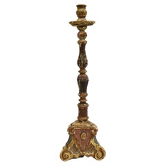 Antique 18th Century Venetian Baroque Polychrome Carved Altar Candlestick