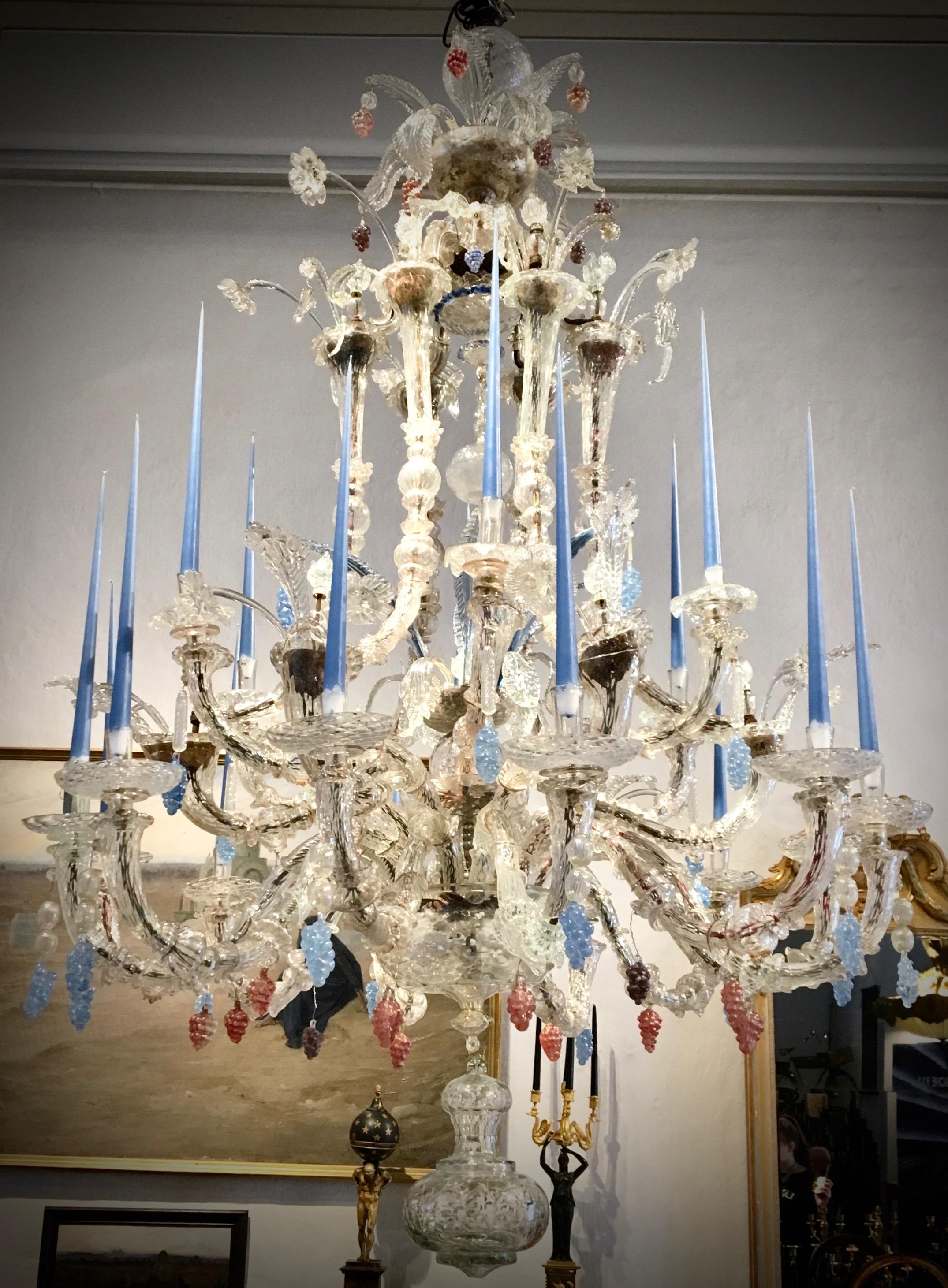 A very large and important 18th century Venetian chandelier of impressive proportions. 240cm high. It´s rare to find these large chandeliers. 
Provenance:
Danish castle
History:
Very few objects are so recognizable the world over and have been the