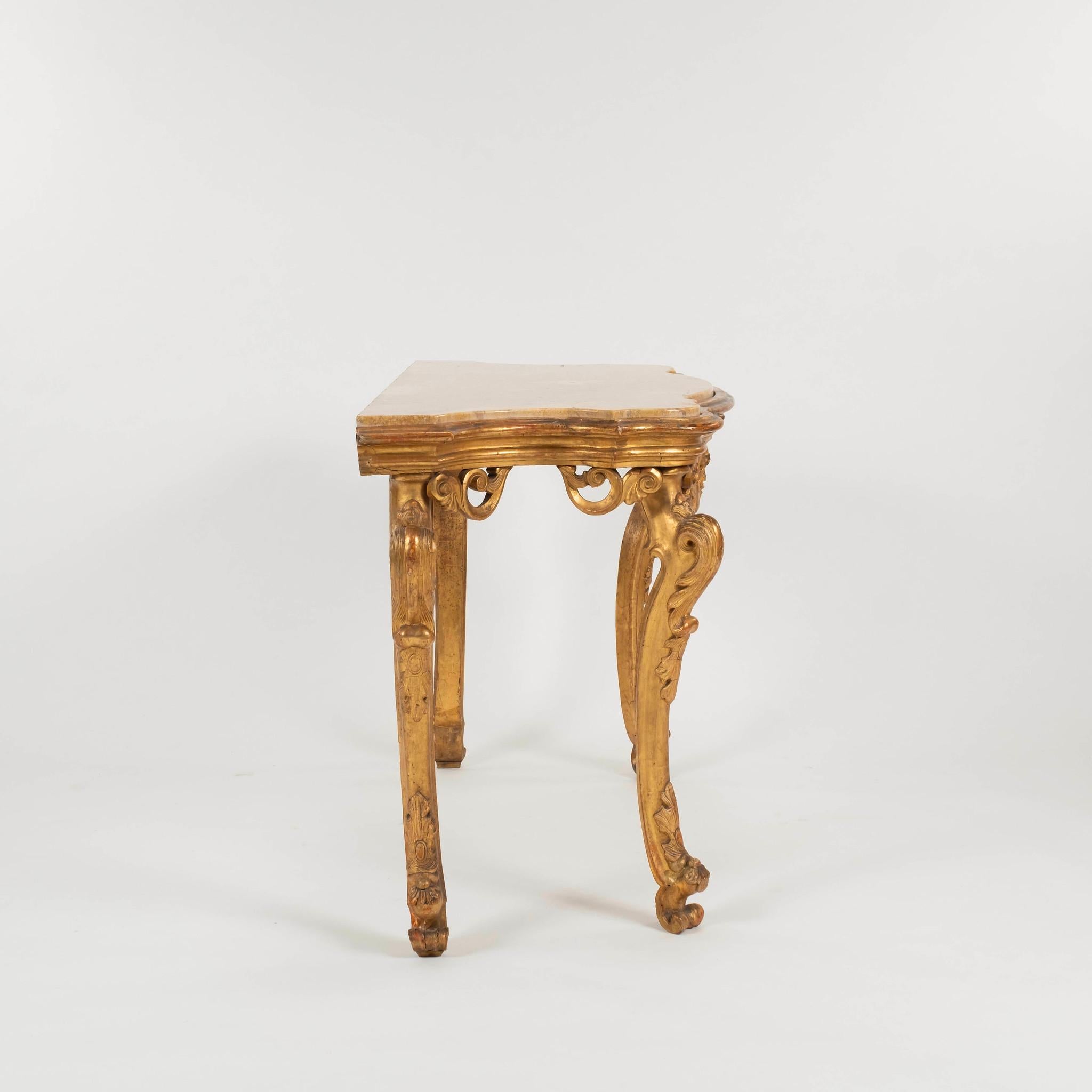 Baroque 18th Century Venetian Giltwood Marble Top Console Table For Sale