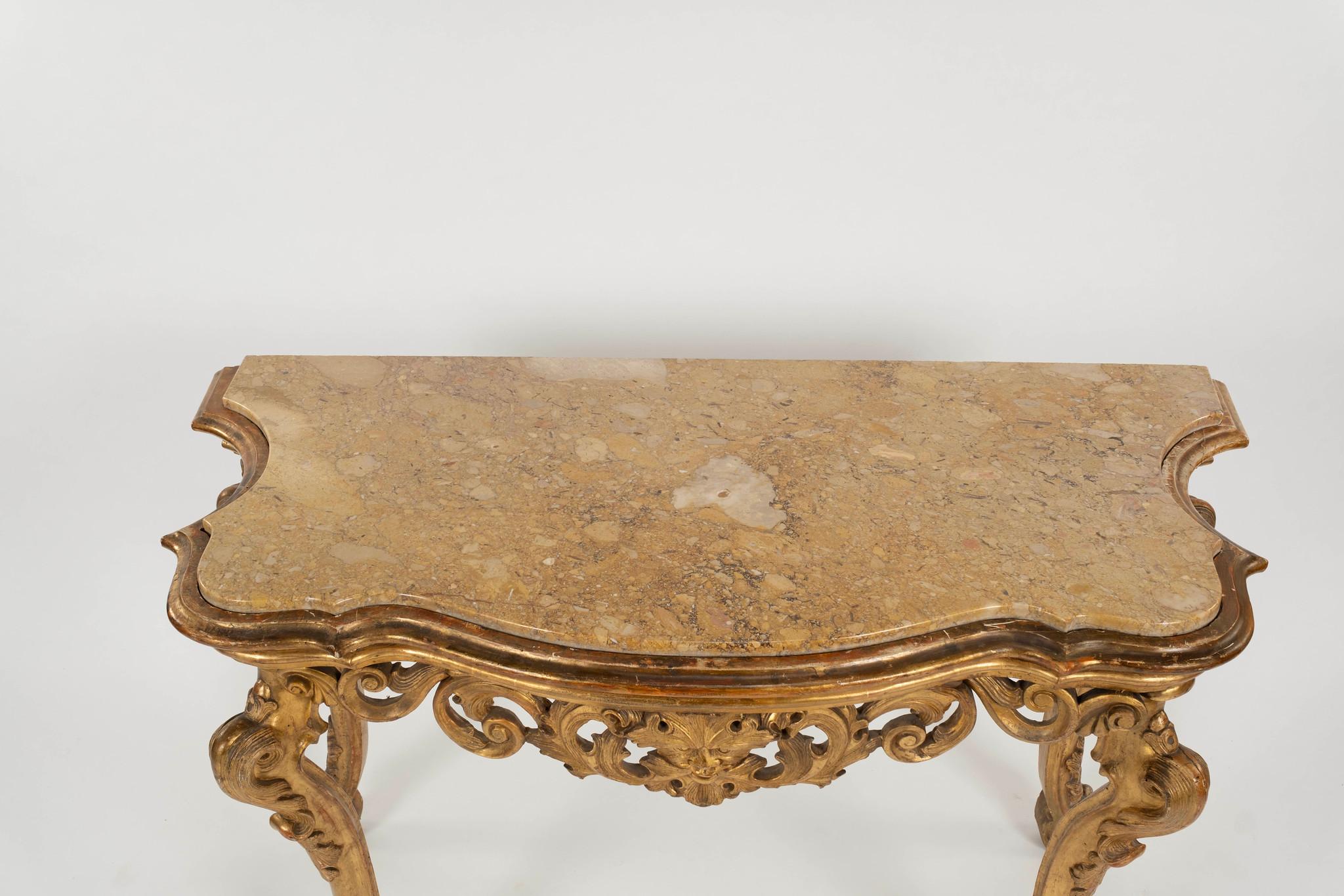 Hand-Carved 18th Century Venetian Giltwood Marble Top Console Table For Sale