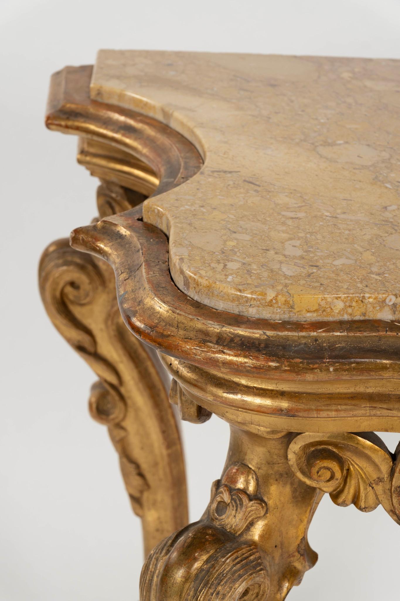18th Century and Earlier 18th Century Venetian Giltwood Marble Top Console Table For Sale