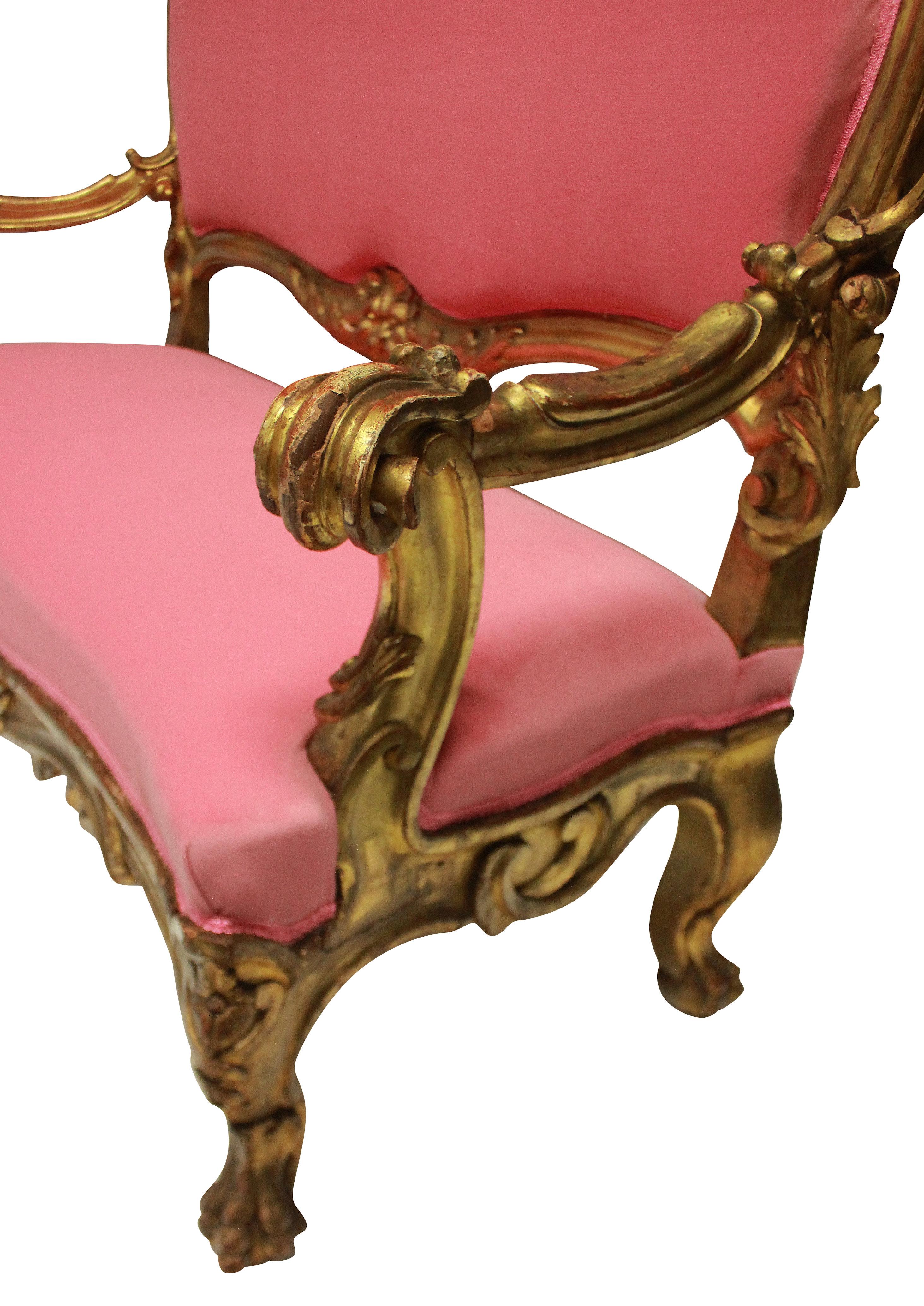 Baroque 18th Century Venetian Giltwood Settee in Bubblegum Pink Velvet