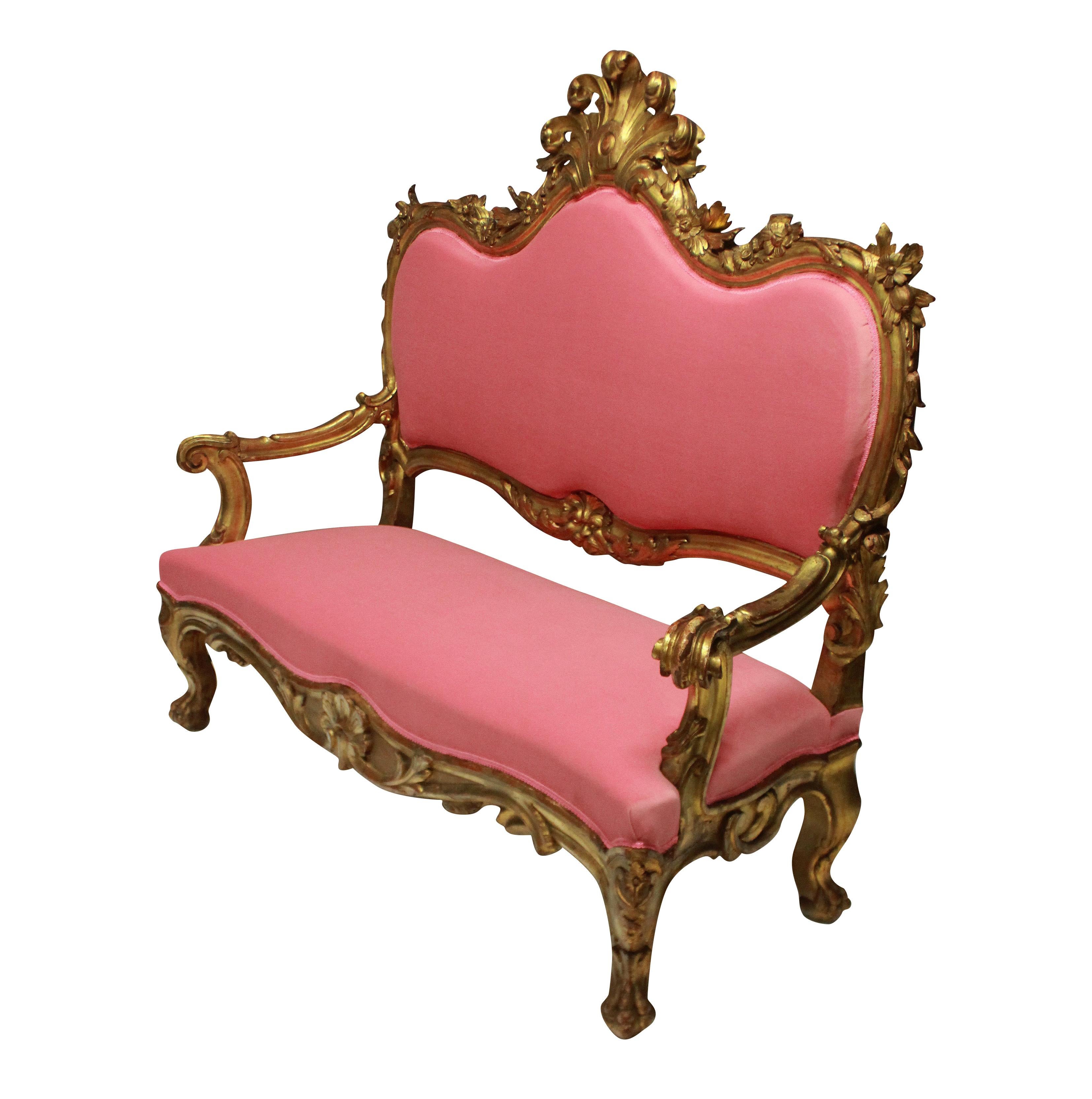 18th Century Venetian Giltwood Settee in Bubblegum Pink Velvet 3