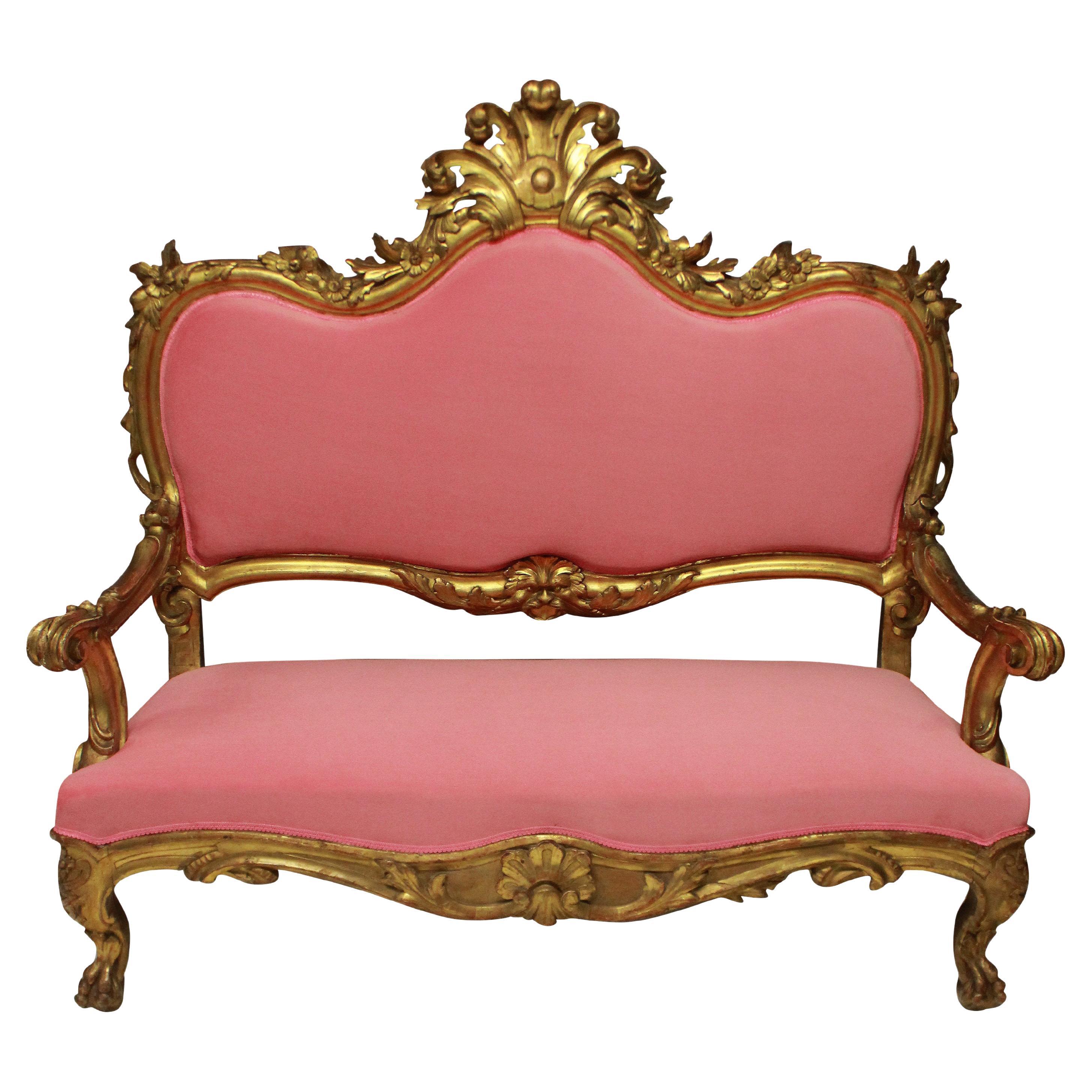 18th Century Venetian Giltwood Settee in Bubblegum Pink Velvet
