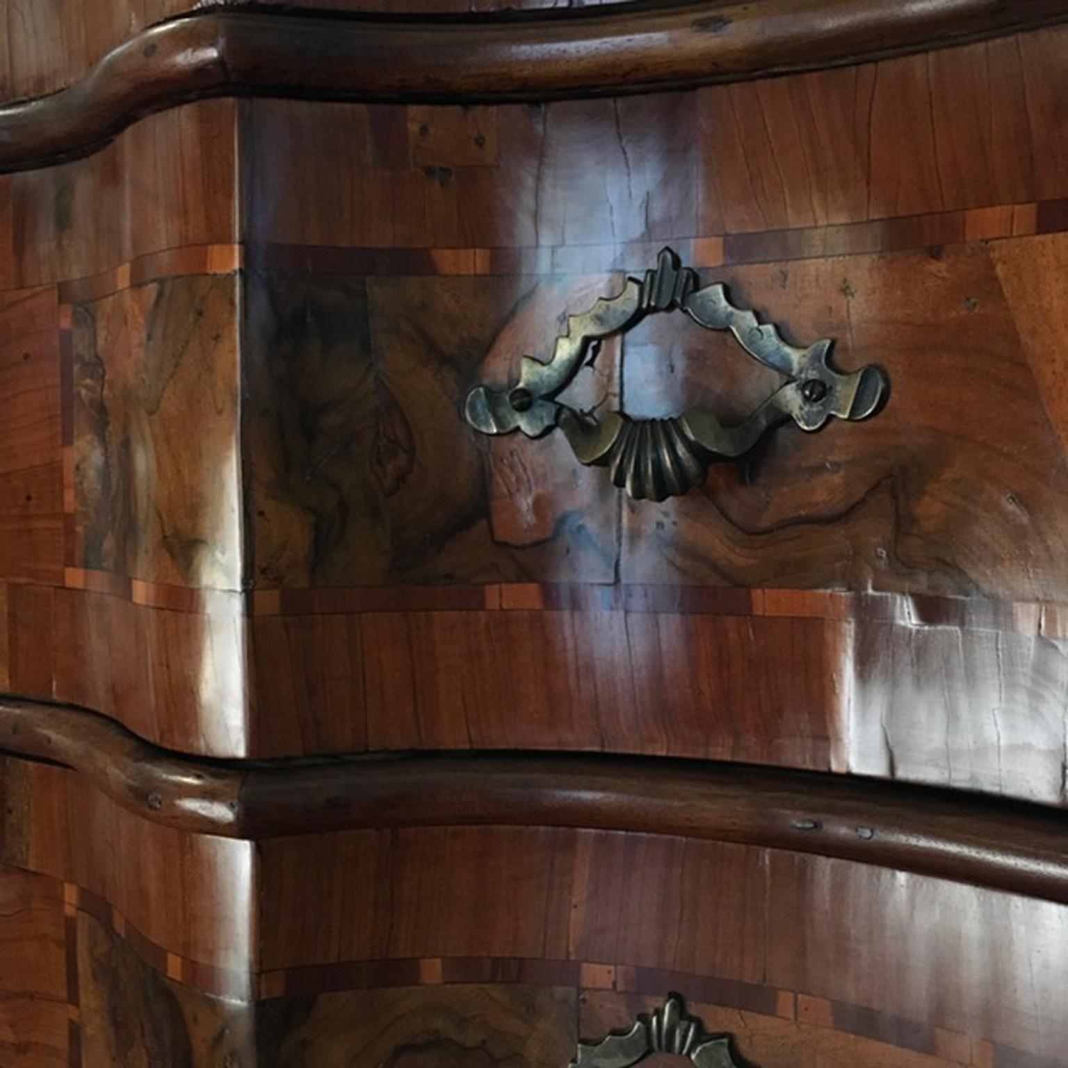 Italy Venezia 18th Century Baroque Olive and Briar Wood Chest of Drawers For Sale 2