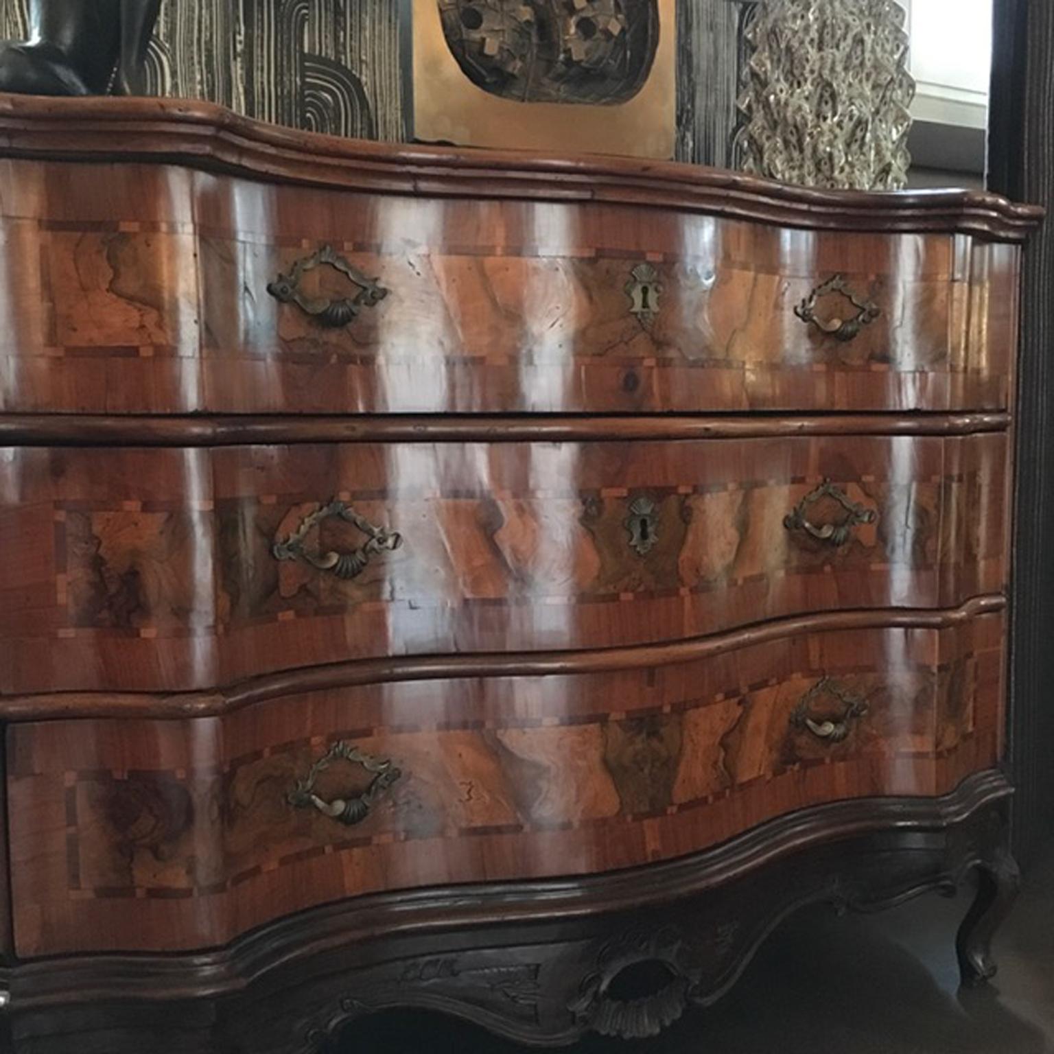 Italy Venezia 18th Century Baroque Olive and Briar Wood Chest of Drawers For Sale 3