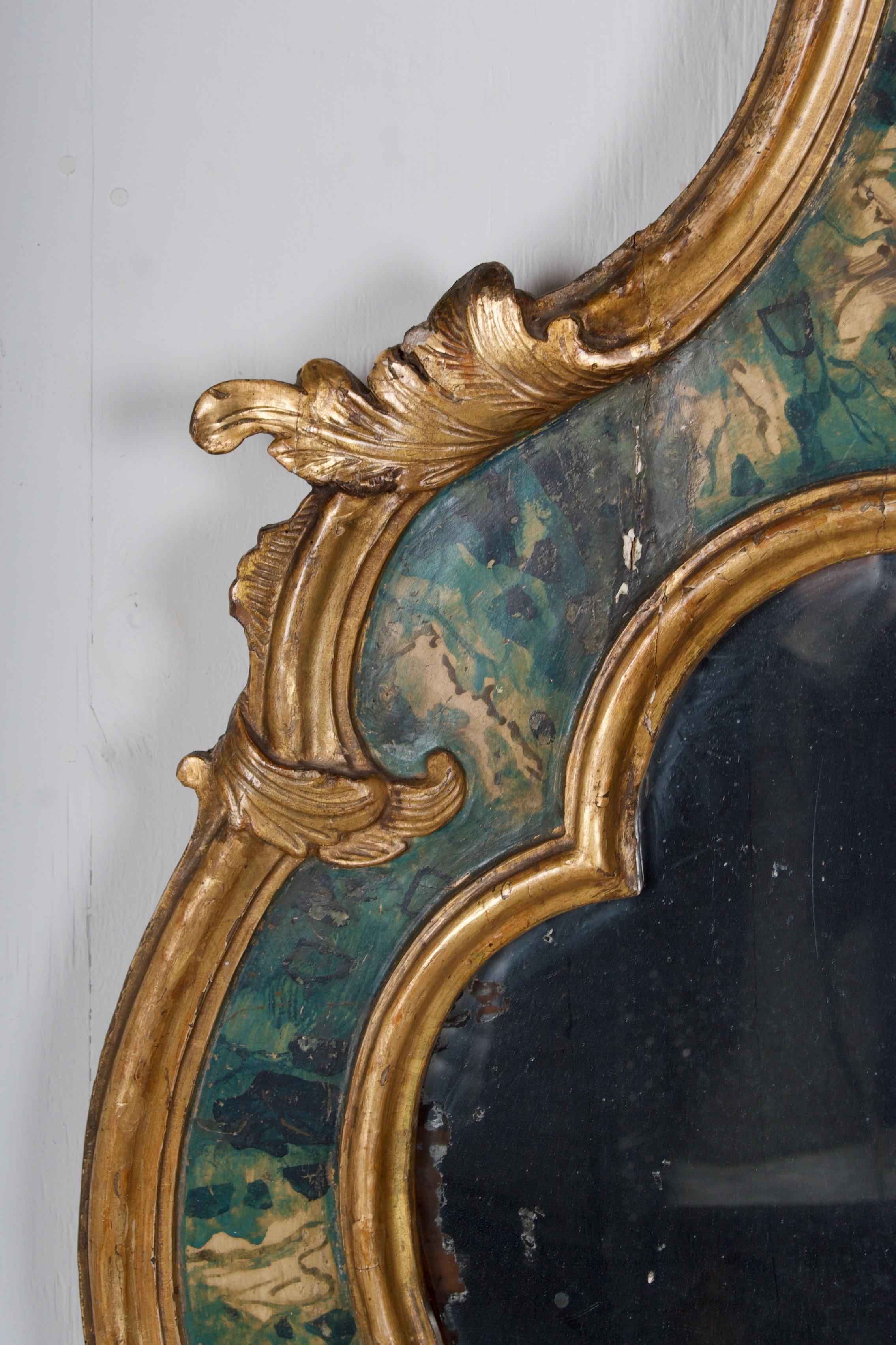 Italian 18th Century Venetian Mirror, Faux Marble, Gilded, Original Mercury Glass For Sale