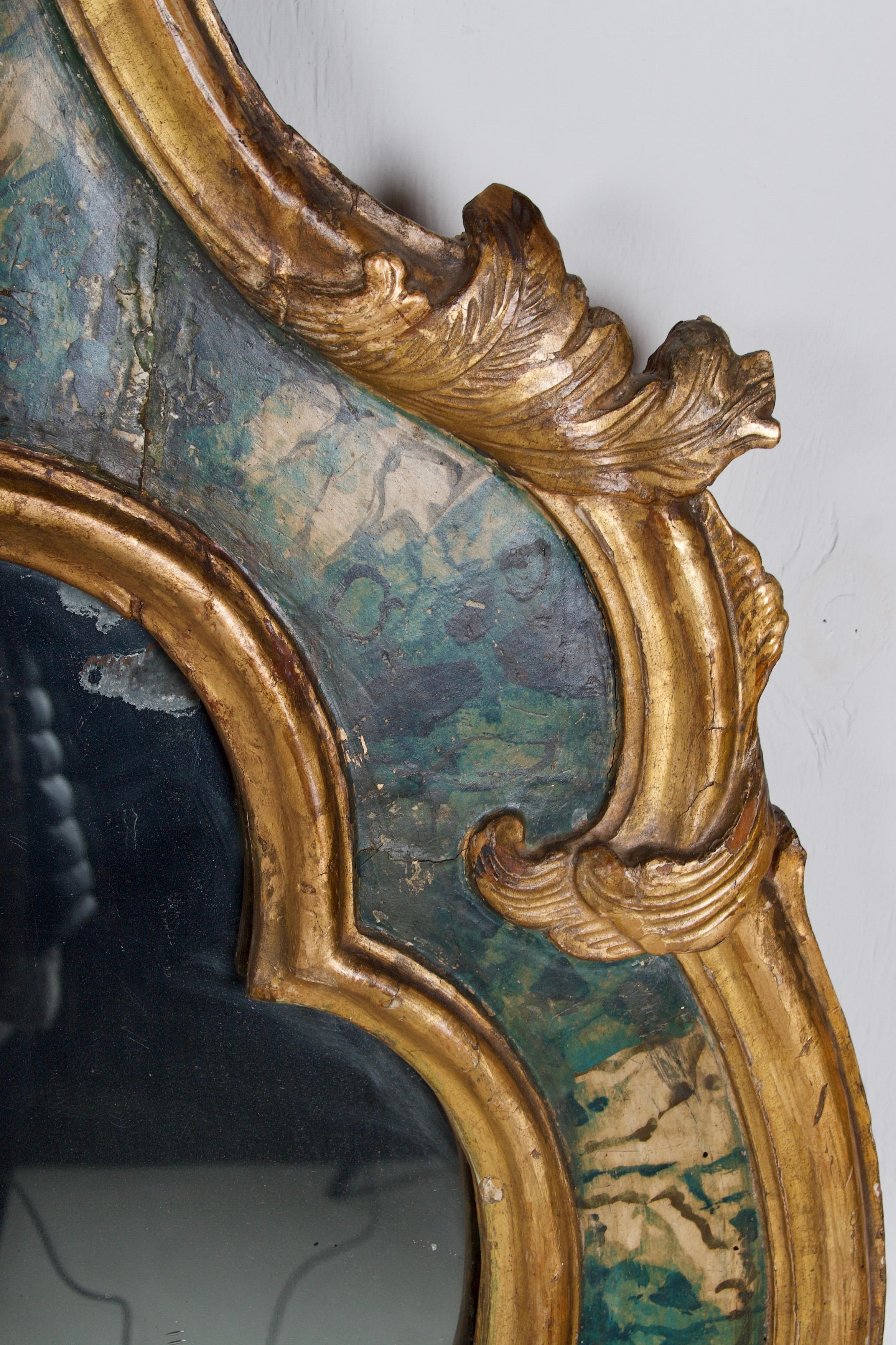 Gilt 18th Century Venetian Mirror, Faux Marble, Gilded, Original Mercury Glass For Sale