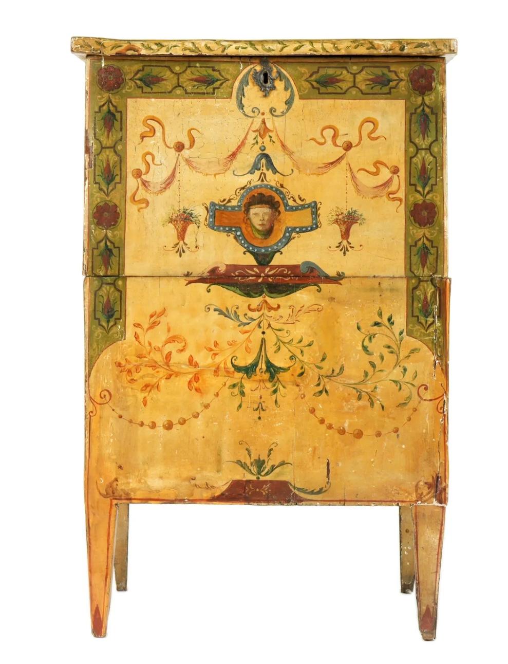 Venetian hand-painted decorated Metamorphic Commode - side table. Paint decorated all over with floral, foliate, swags, and bust.  Hinged top opens to swing out two compartment storage, interior bottom with hidden top, opens to reveal open storage.  