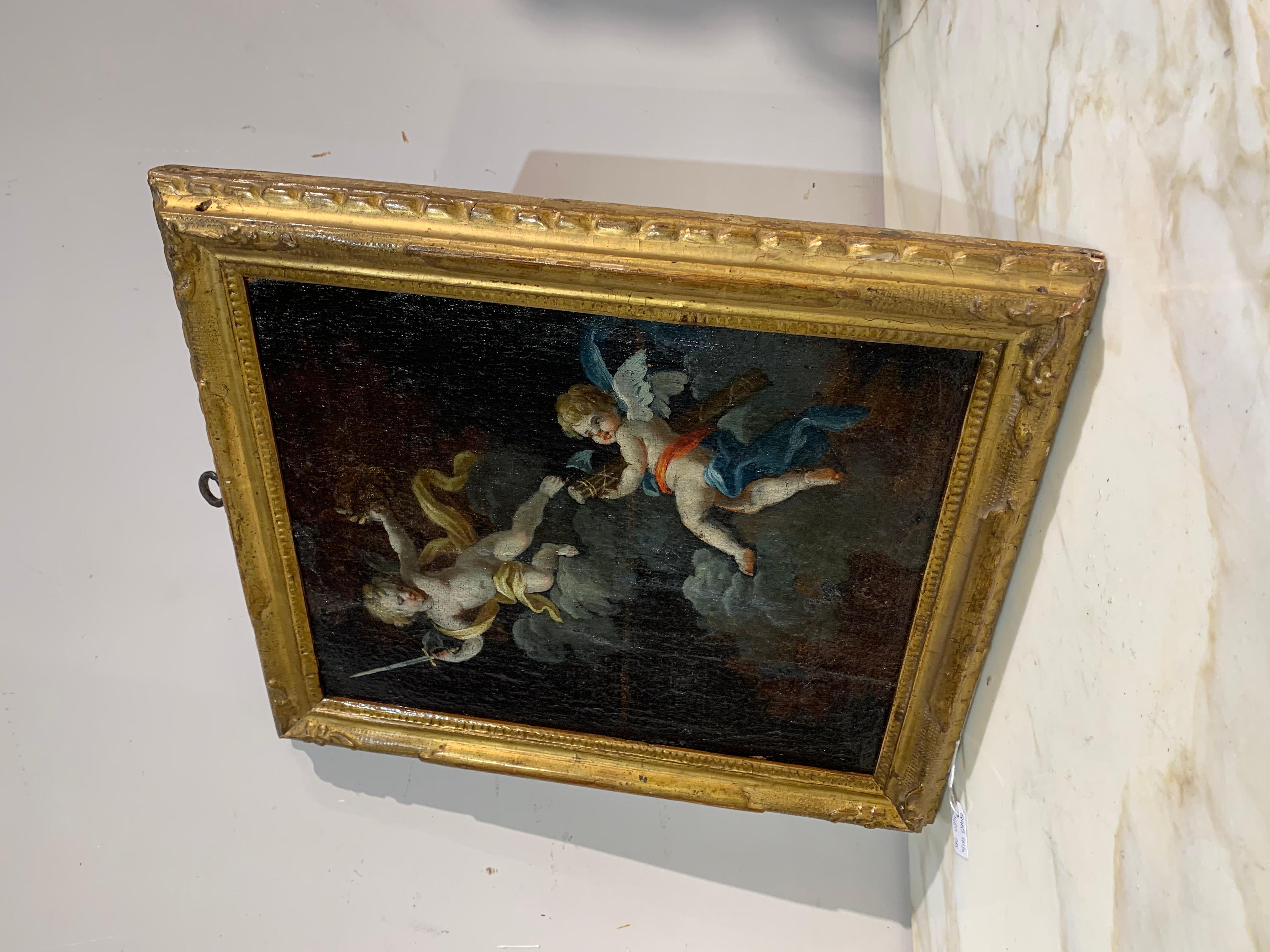 Beautiful oil painting on canvas in carved golden frame depicting the justice that triumphs over political power. Typical manufacture of a veneto master of the mid-700s probable bottega domenico zorzi.