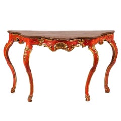 18th Century Venetian Red Painted Parcel-Gilt Serpentine Console Table