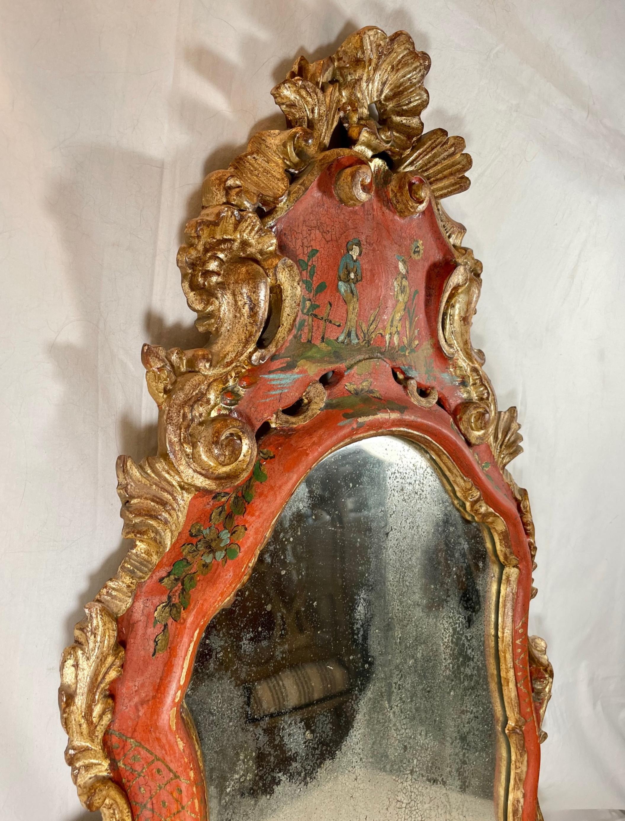 Italian 18th Century Venetian Rococo Polychrome and Gilt Decorated Mirror