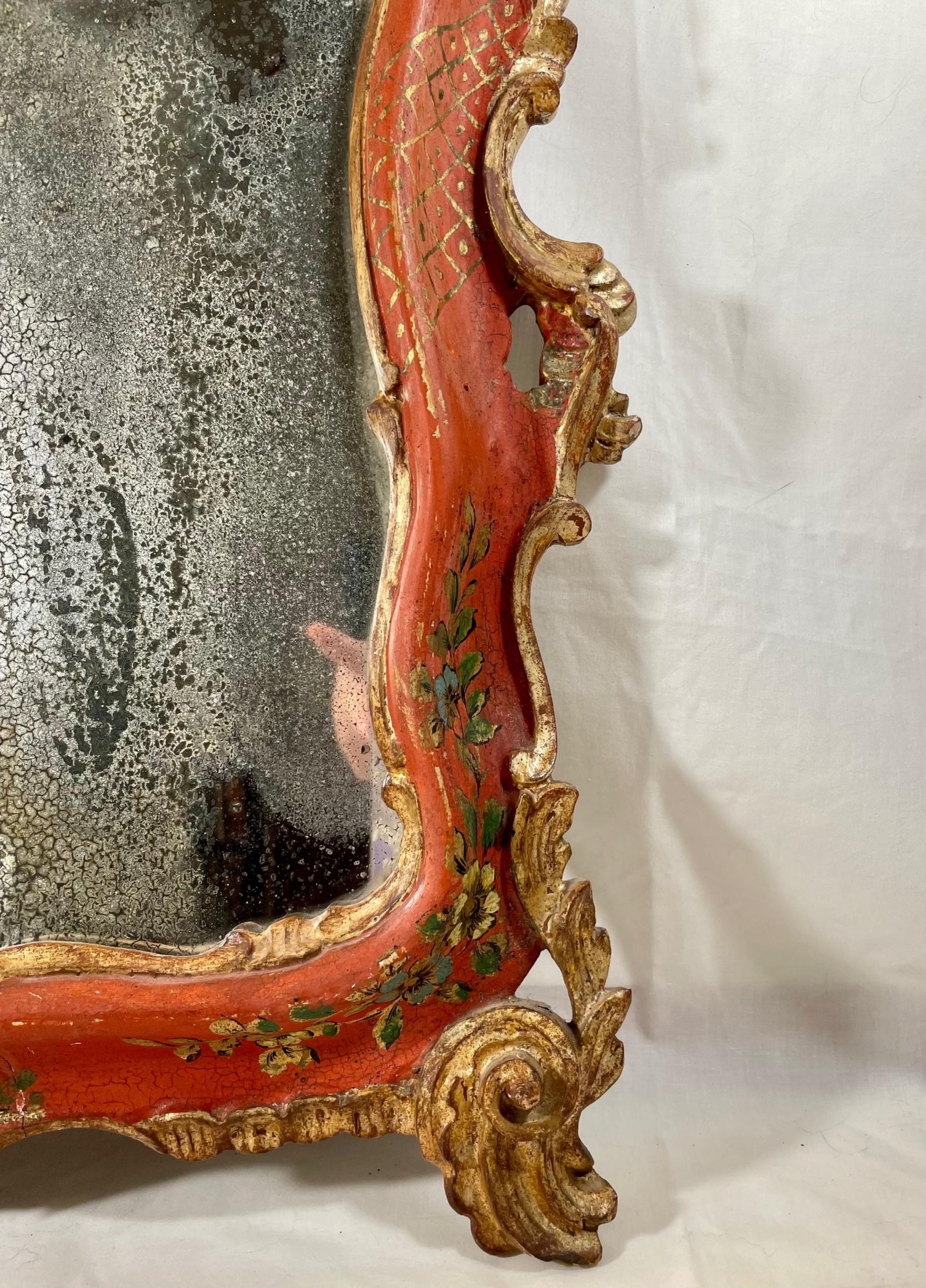 Wood 18th Century Venetian Rococo Polychrome and Gilt Decorated Mirror