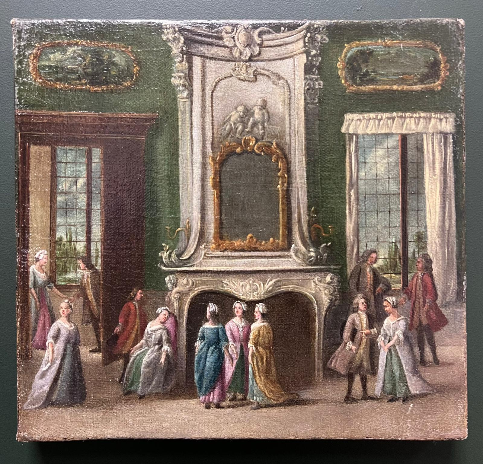 Figure eleganti del 18° secolo, periodo rococò italiano, in un ambiente interno sontuoso - Painting Rococò di 18th Century Venetian School