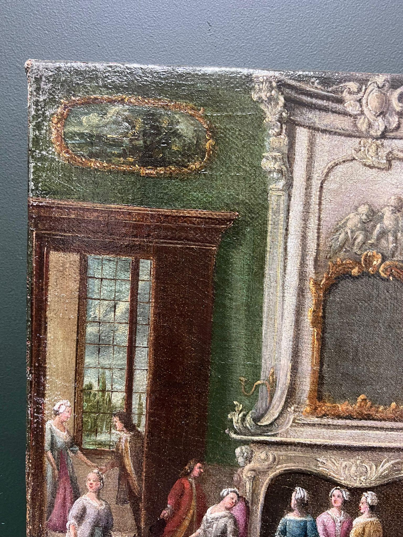 Figure eleganti del 18° secolo, periodo rococò italiano, in un ambiente interno sontuoso - Interior Painting Grigio di 18th Century Venetian School