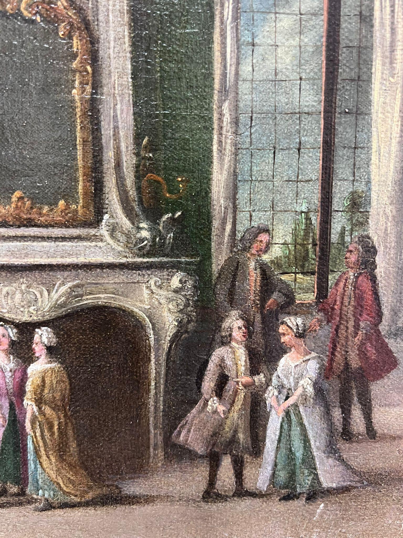 Figure eleganti negli interni *vedi note sotto
Scuola italiana, metà del XVIII secolo
molto probabilmente di origine veneziana
olio su tela, senza cornice
tela: 11 x 11,5 pollici
provenienza: collezione privata
condizioni: tela ribattuta di recente,