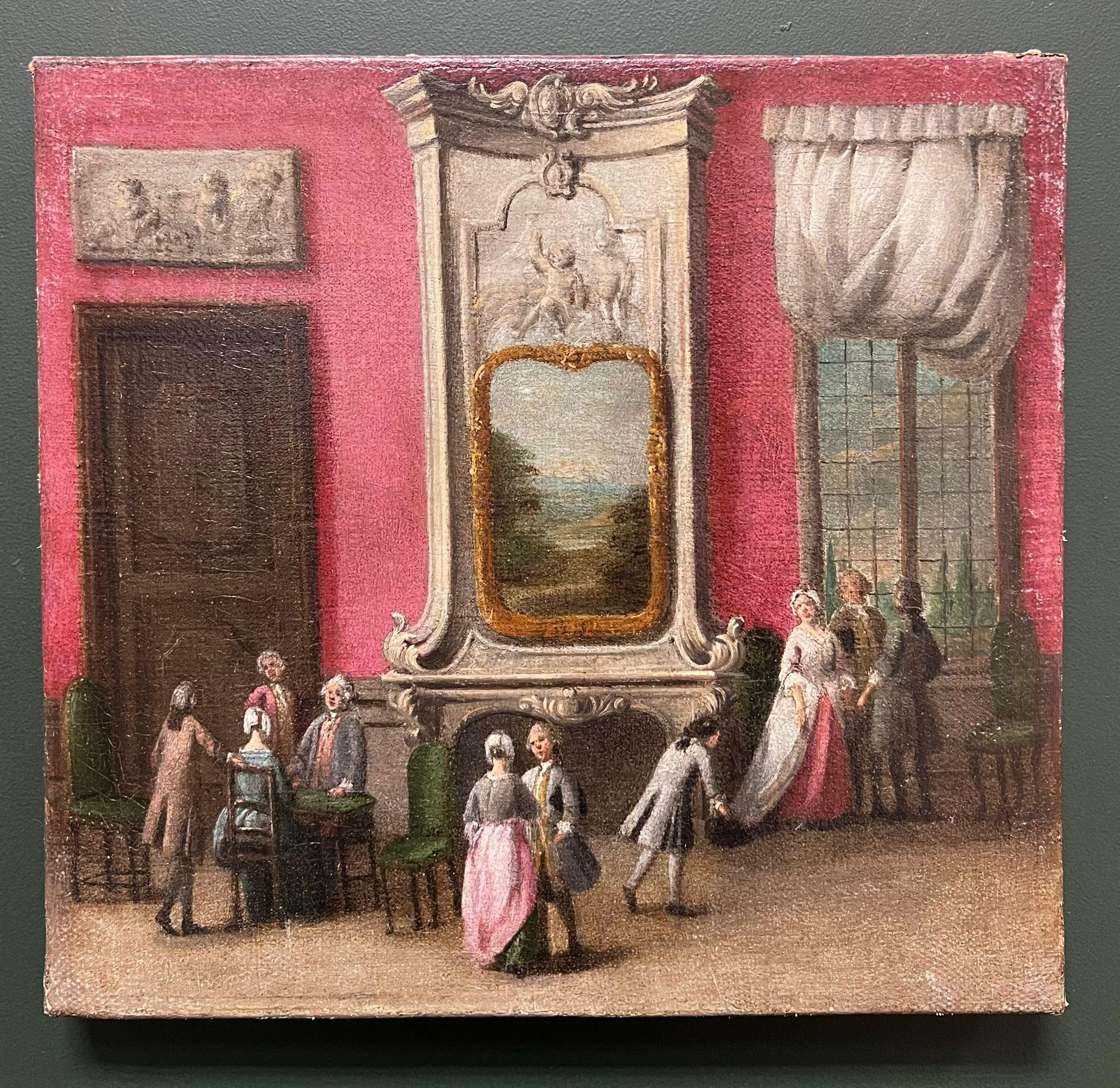 Raffinato dipinto ad olio italiano del XVIII secolo Eleg Eleg figure rococò ambientate in un interno - Painting di 18th Century Venetian School