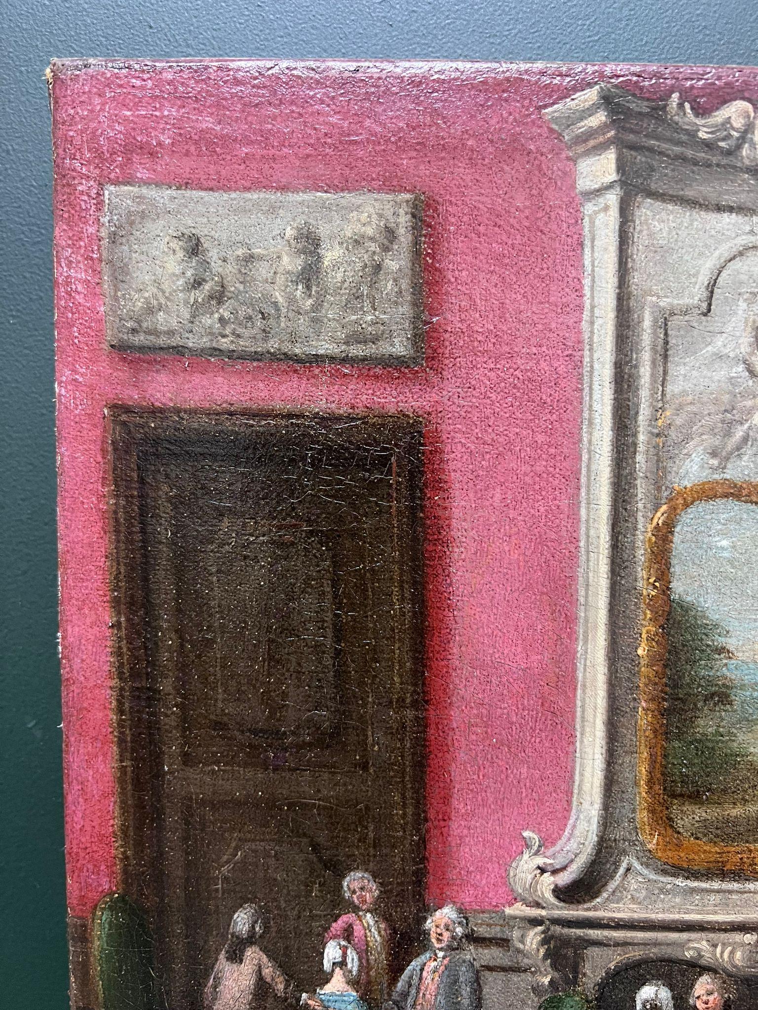 Raffinato dipinto ad olio italiano del XVIII secolo Eleg Eleg figure rococò ambientate in un interno - Painting Rococò di 18th Century Venetian School