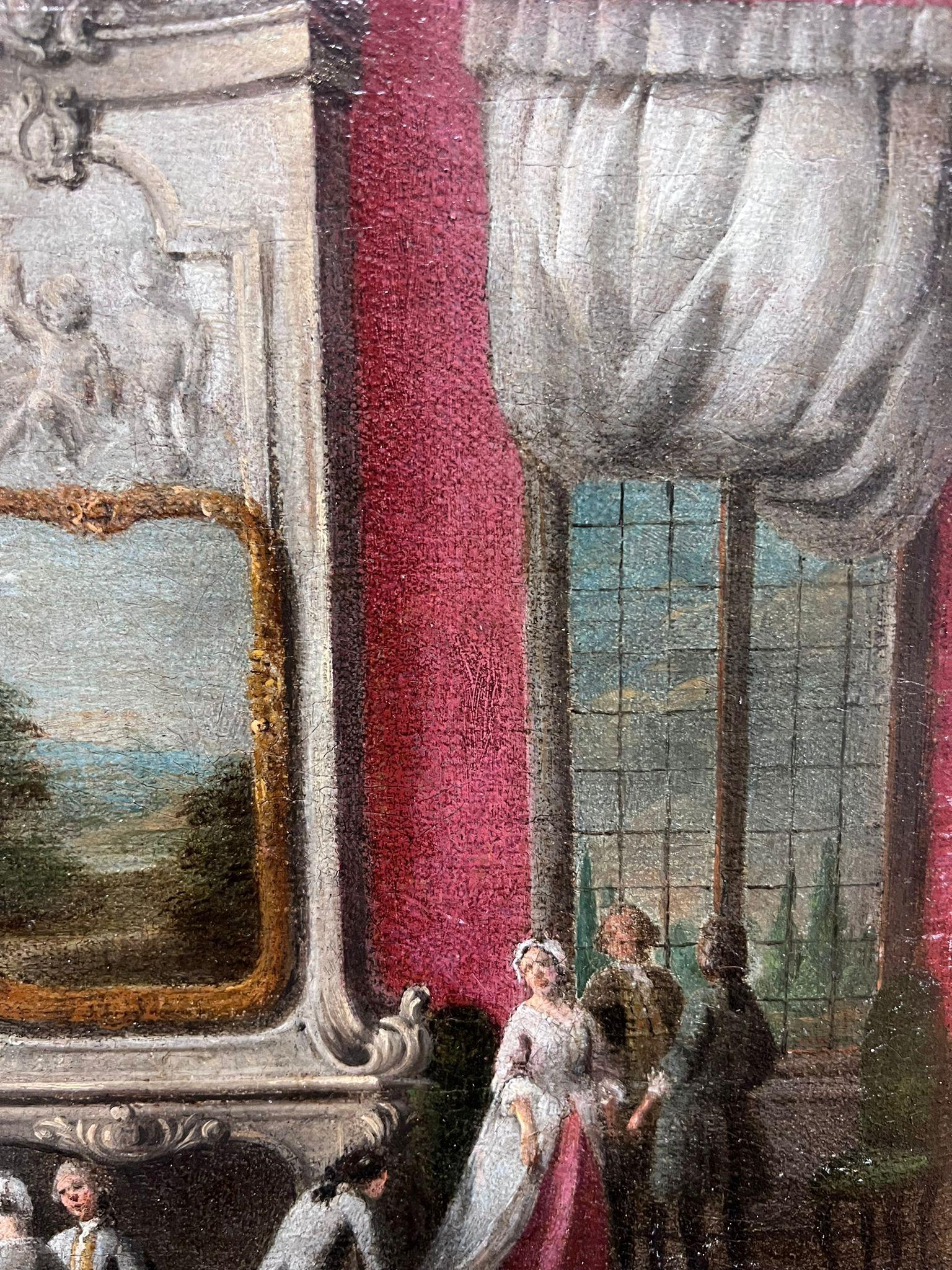 Raffinato dipinto ad olio italiano del XVIII secolo Eleg Eleg figure rococò ambientate in un interno - Interior Painting Marrone di 18th Century Venetian School