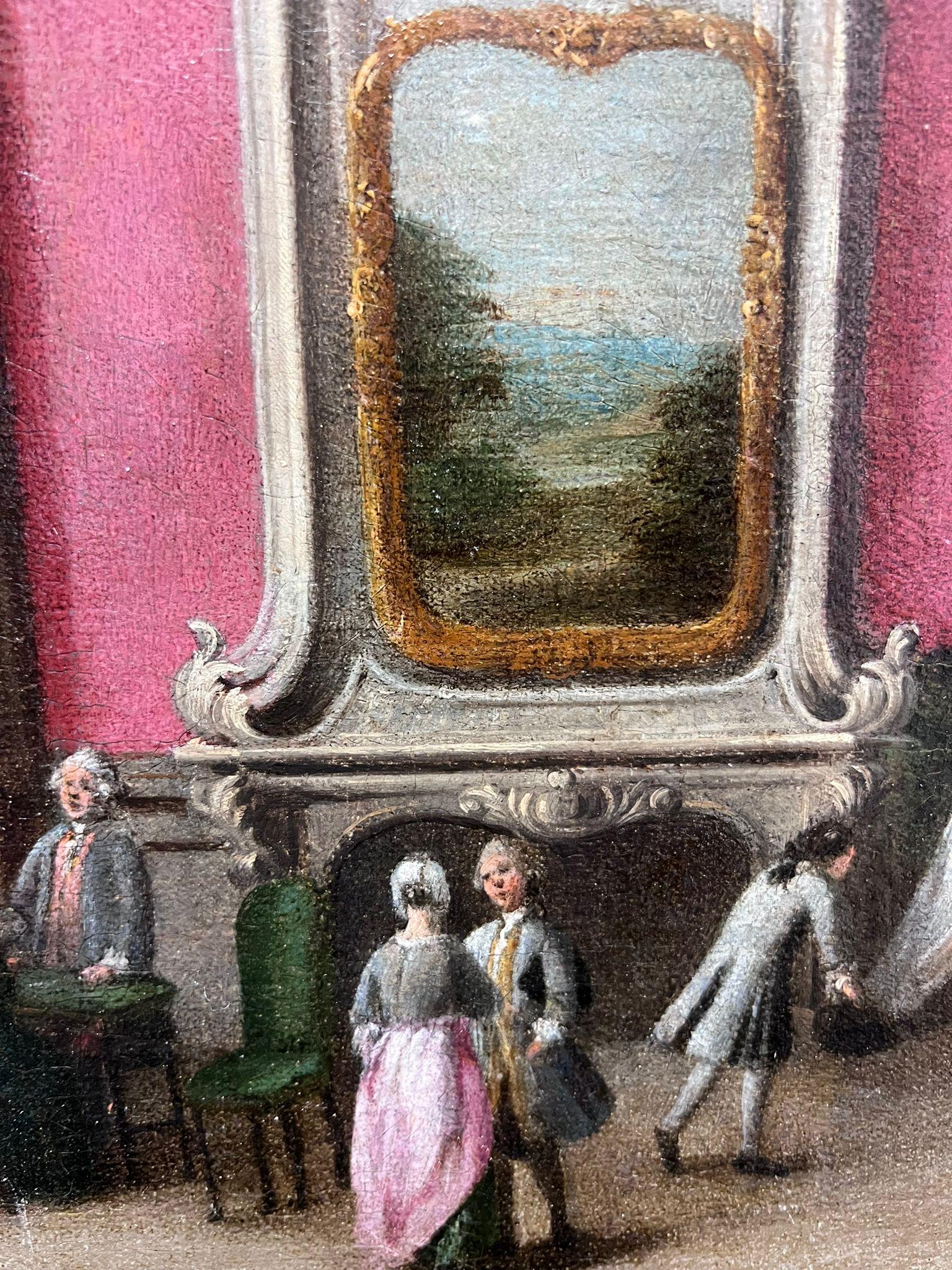 Figure eleganti negli interni *vedi note sotto
Scuola italiana, metà del XVIII secolo
molto probabilmente di origine veneziana
olio su tela, senza cornice
tela: 10,75 x 11,75 pollici
provenienza: collezione privata
condizioni: tela ribattuta di