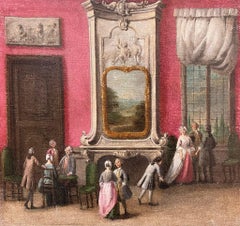 Antique Fine 18th Century Italian Oil Painting Elegant Figures Rococo Interior Setting