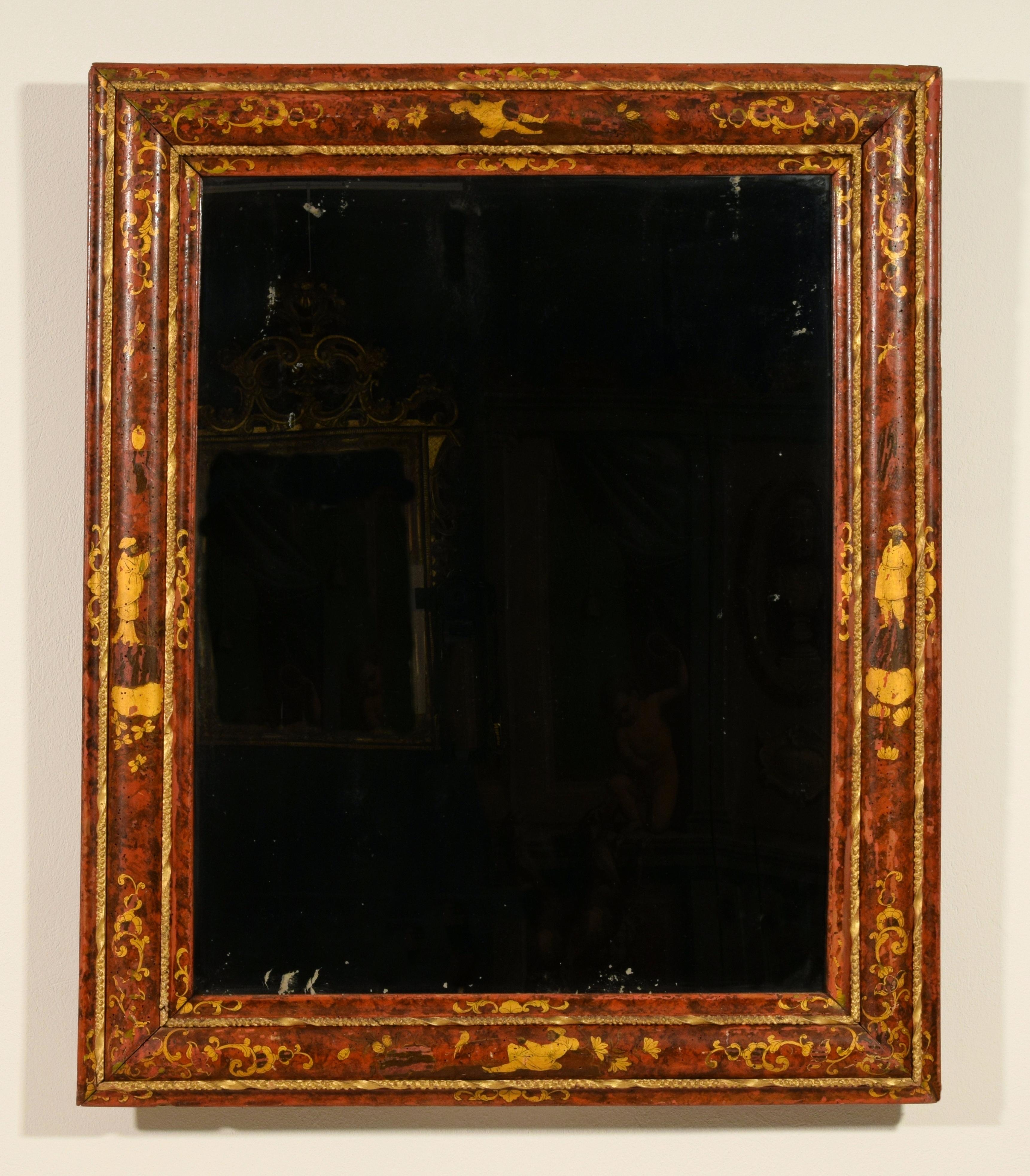 18th Century, Venetian Wood Mirror Lacquered with Chinoiserie For Sale 7