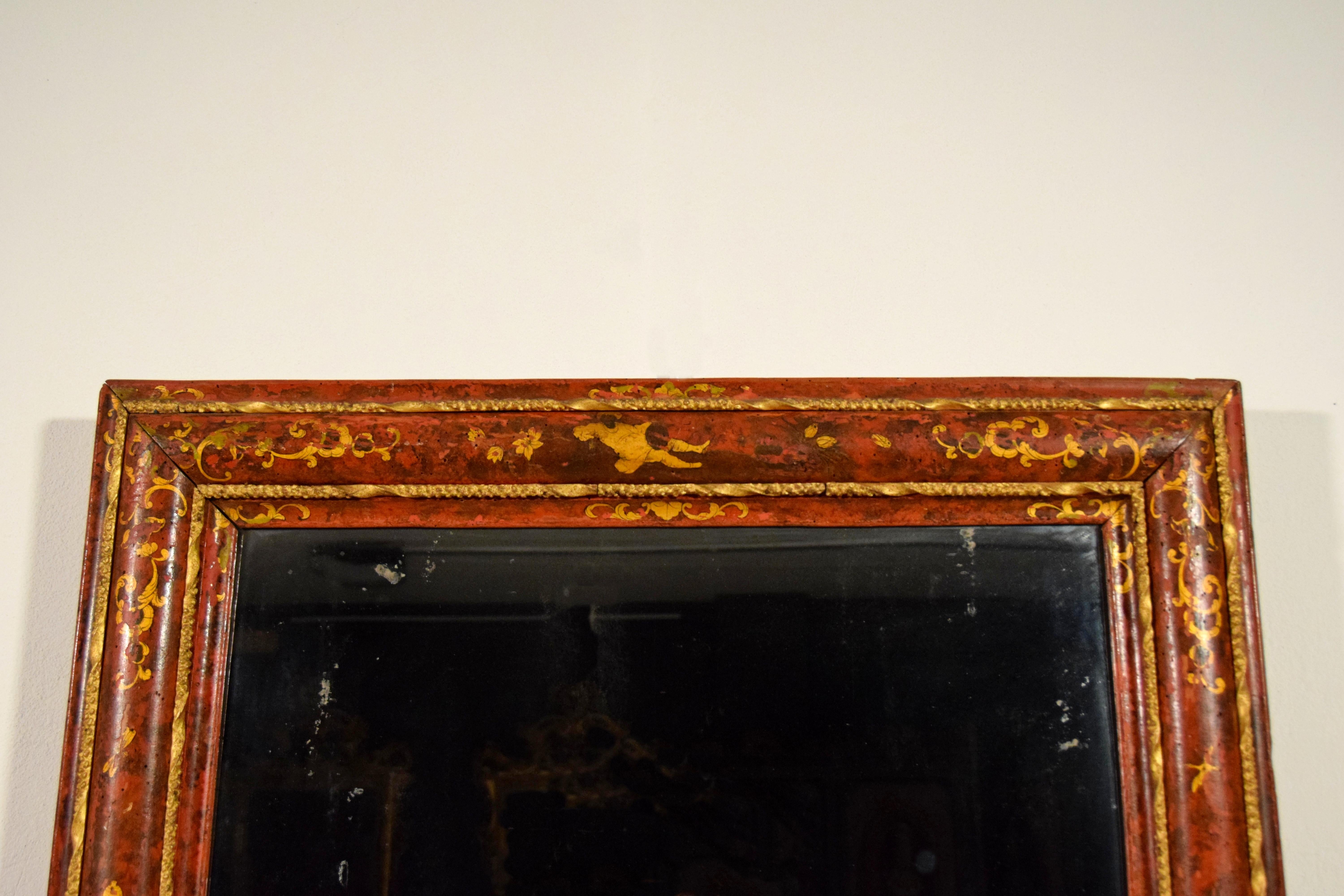 18th Century, Venetian Wood Mirror Lacquered with Chinoiserie For Sale 8