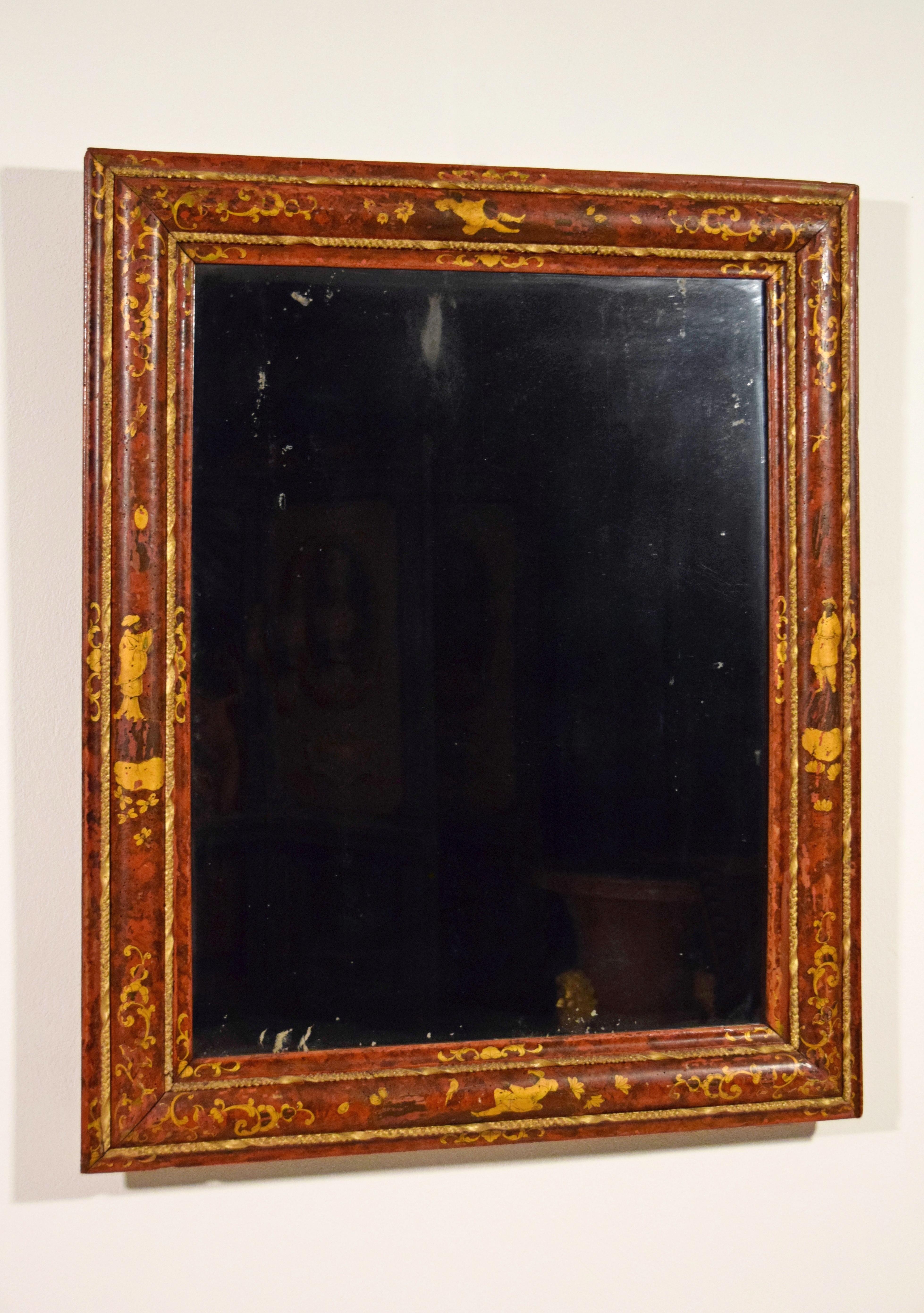 Venezianischer Holzspiegel aus dem 18. Jahrhundert, lackiert mit Chinoiserie (Barock) im Angebot