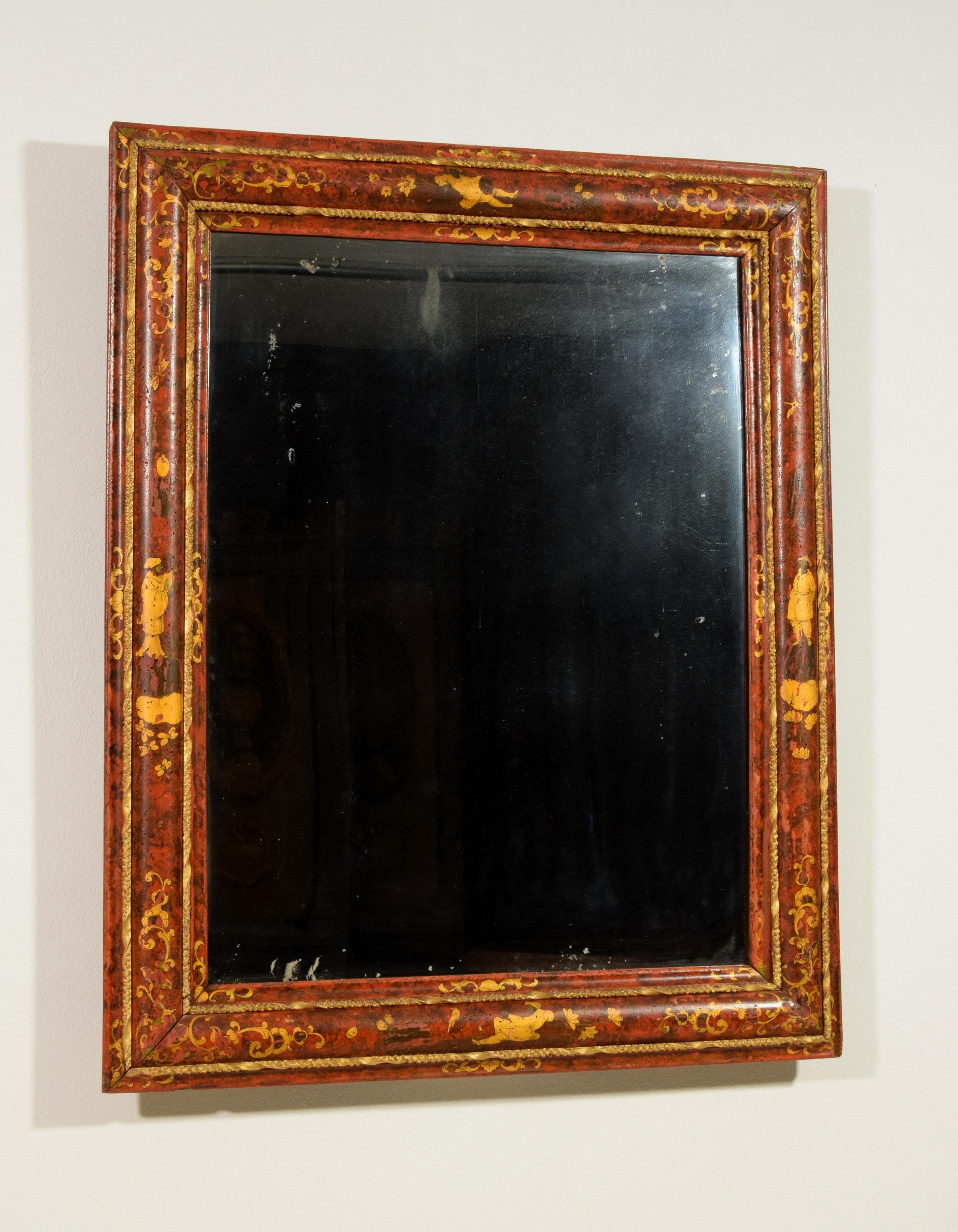 Baroque 18th Century, Venetian Wood Mirror Lacquered with Chinoiserie For Sale
