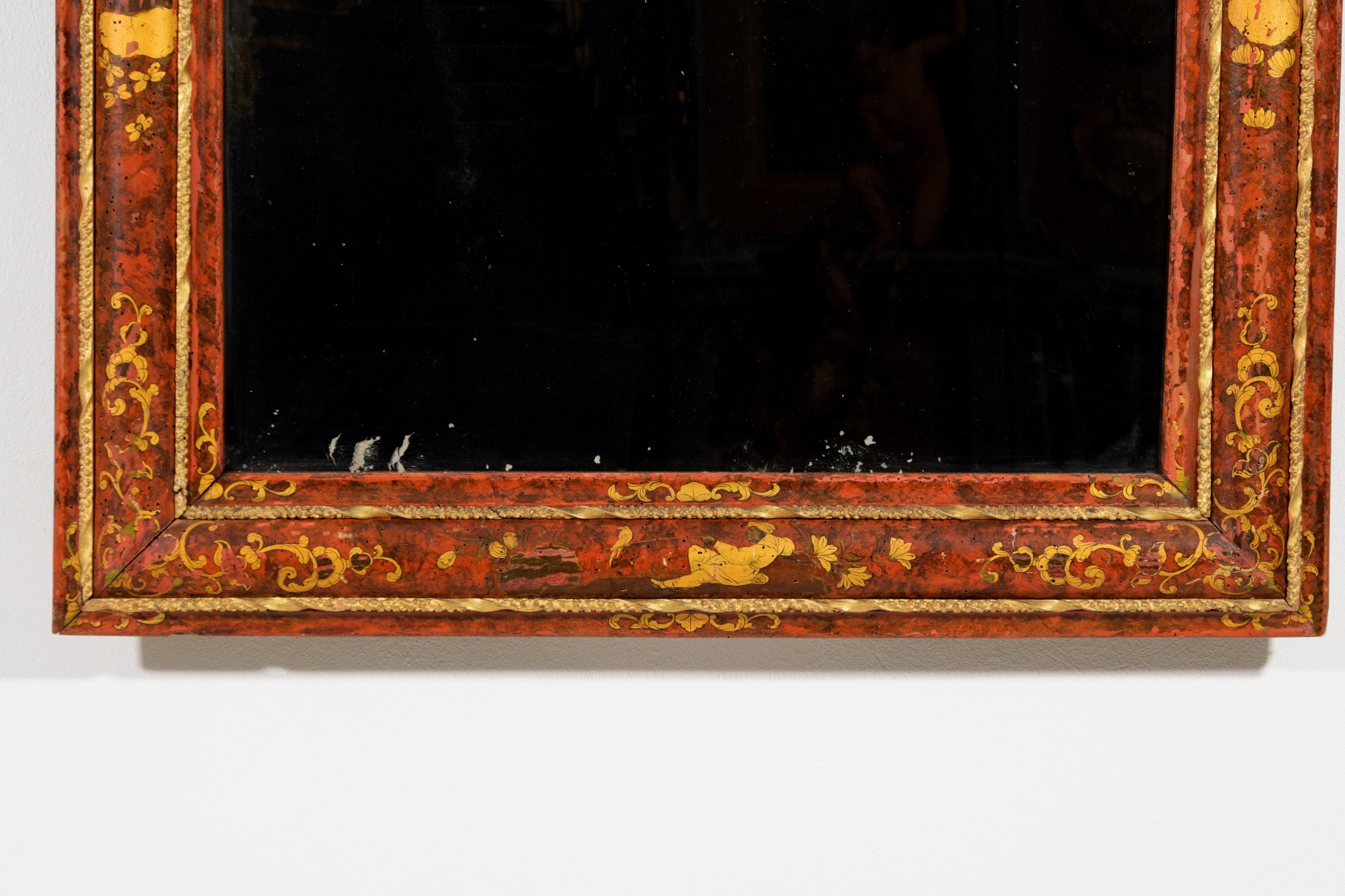 Hand-Painted 18th Century, Venetian Wood Mirror Lacquered with Chinoiserie For Sale
