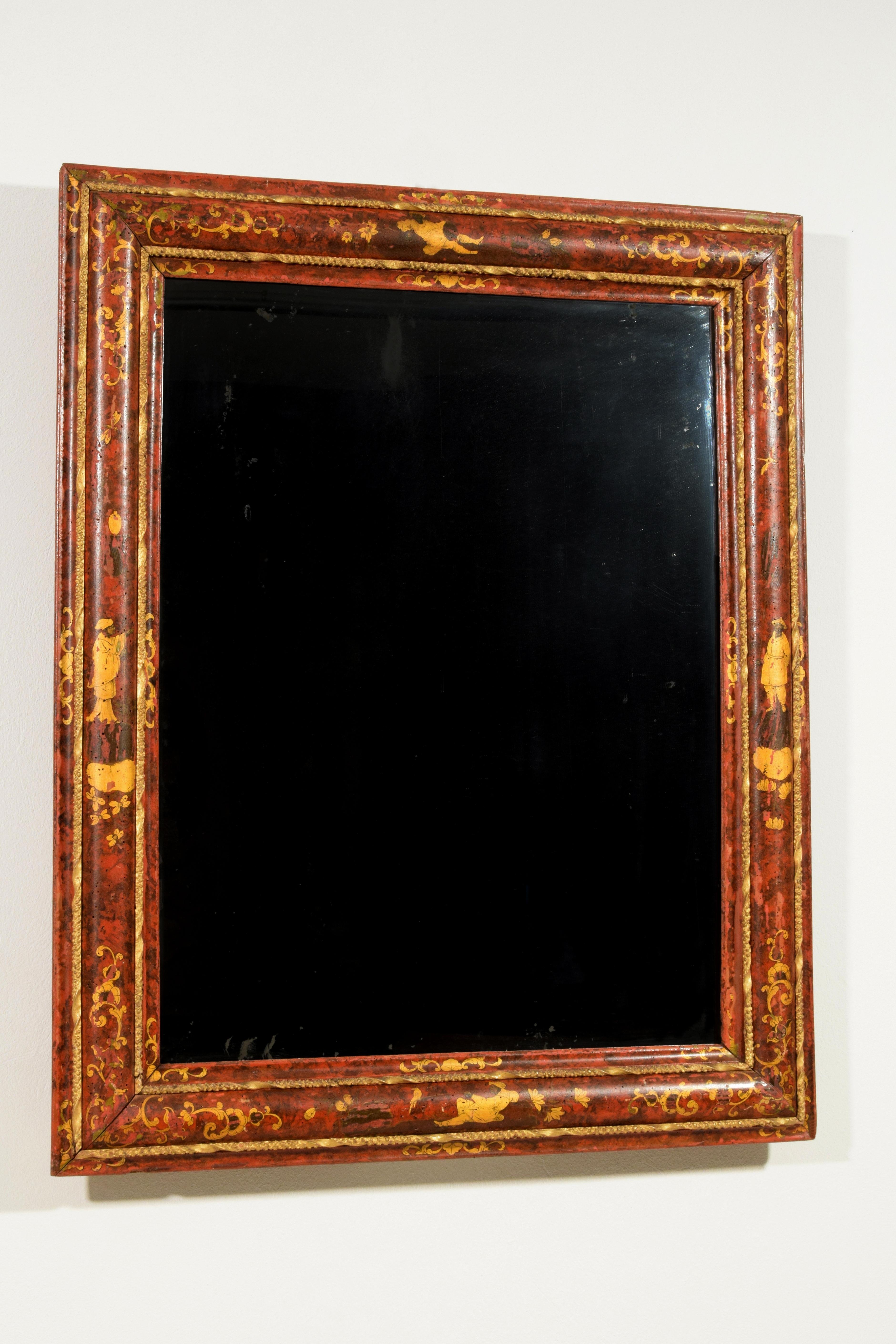 18th Century, Venetian Wood Mirror Lacquered with Chinoiserie For Sale 2