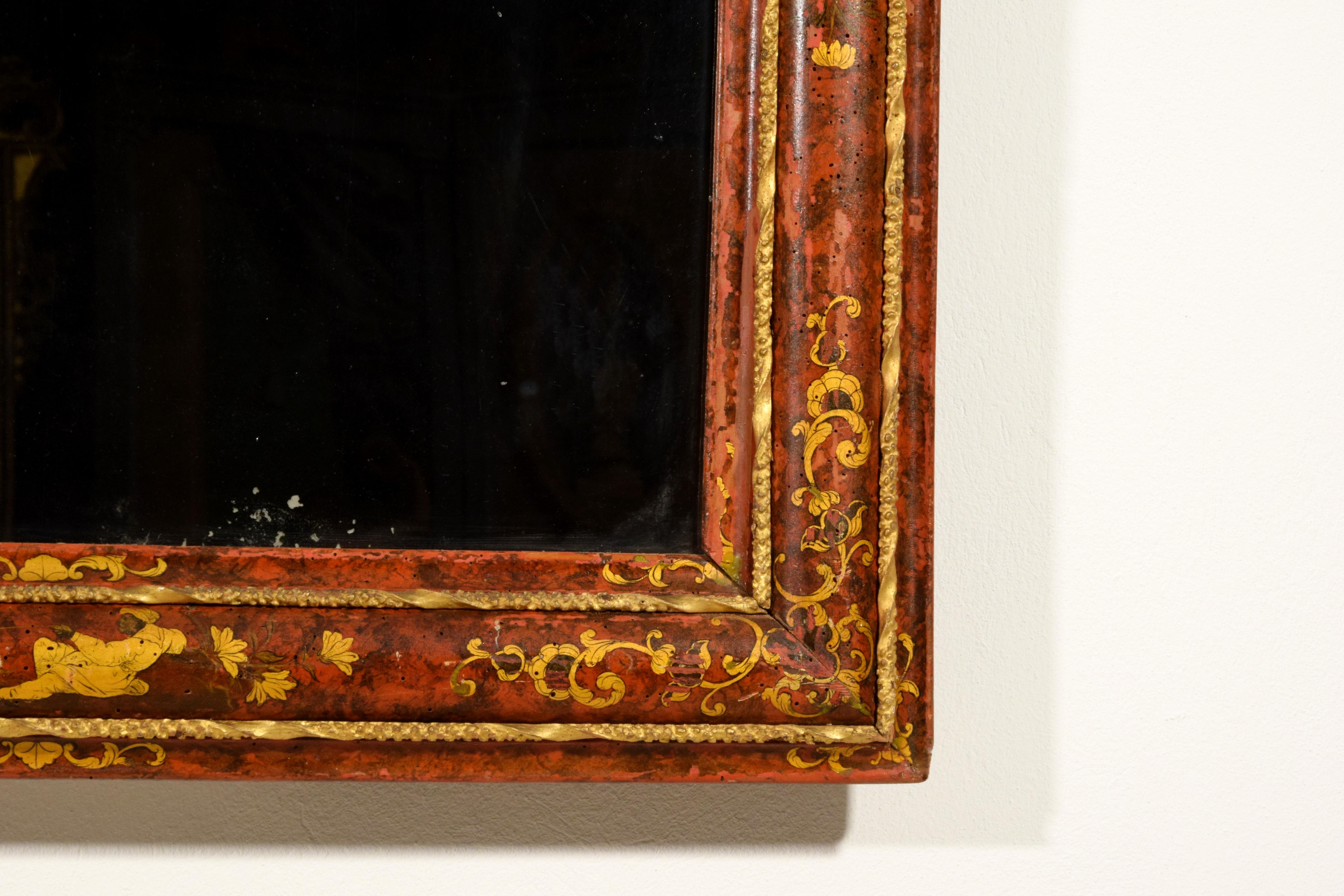 18th Century, Venetian Wood Mirror Lacquered with Chinoiserie For Sale 3