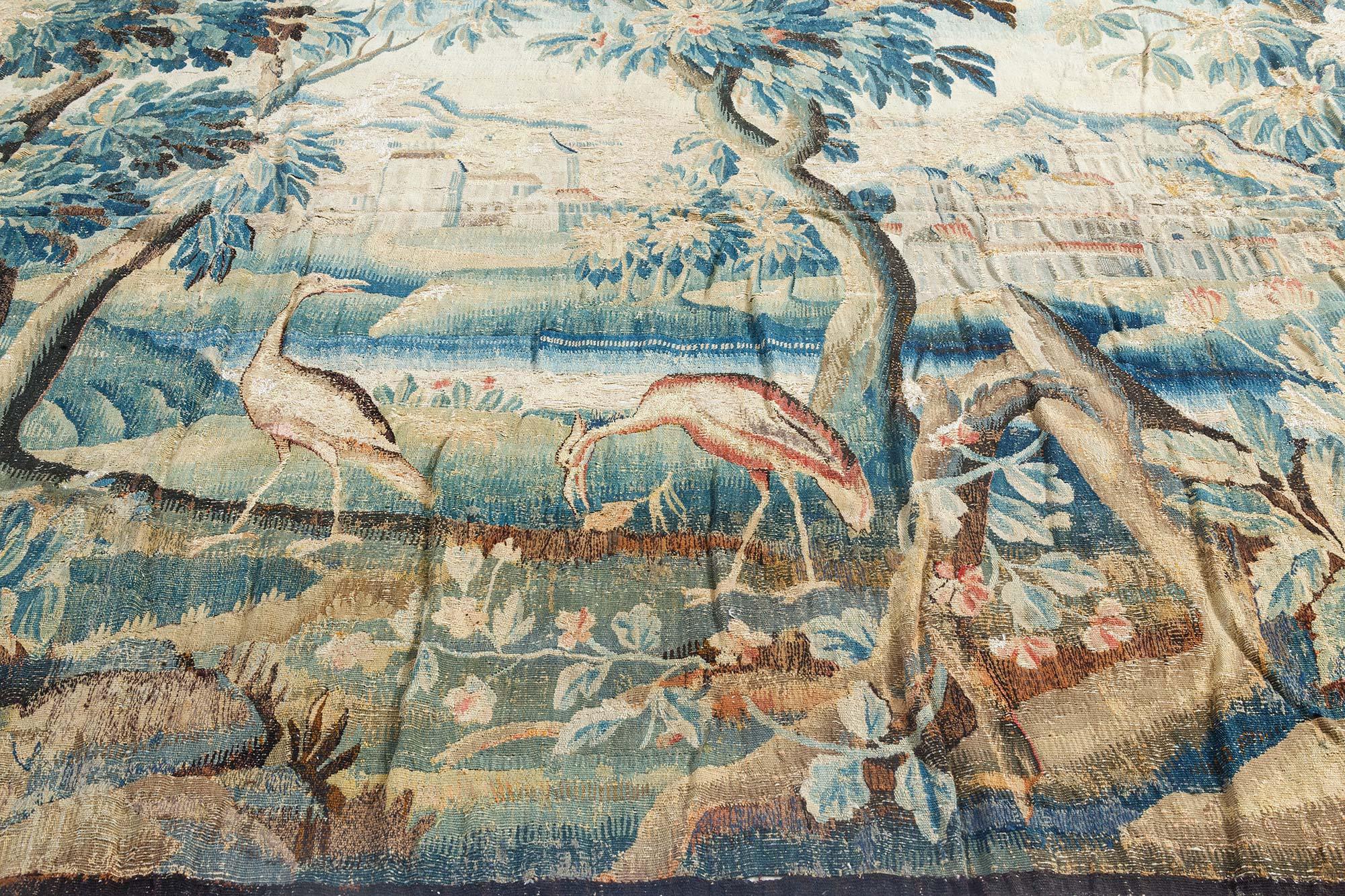 Hand-Woven 18th Century Verdure Tapestry Fragment Rug For Sale