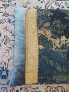 18th Century Verdure Tapestry Fragment and Blue Silk Velvet Pillow
