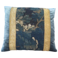 18th Century Verdure Tapestry Fragment and Blue Silk Velvet Pillow