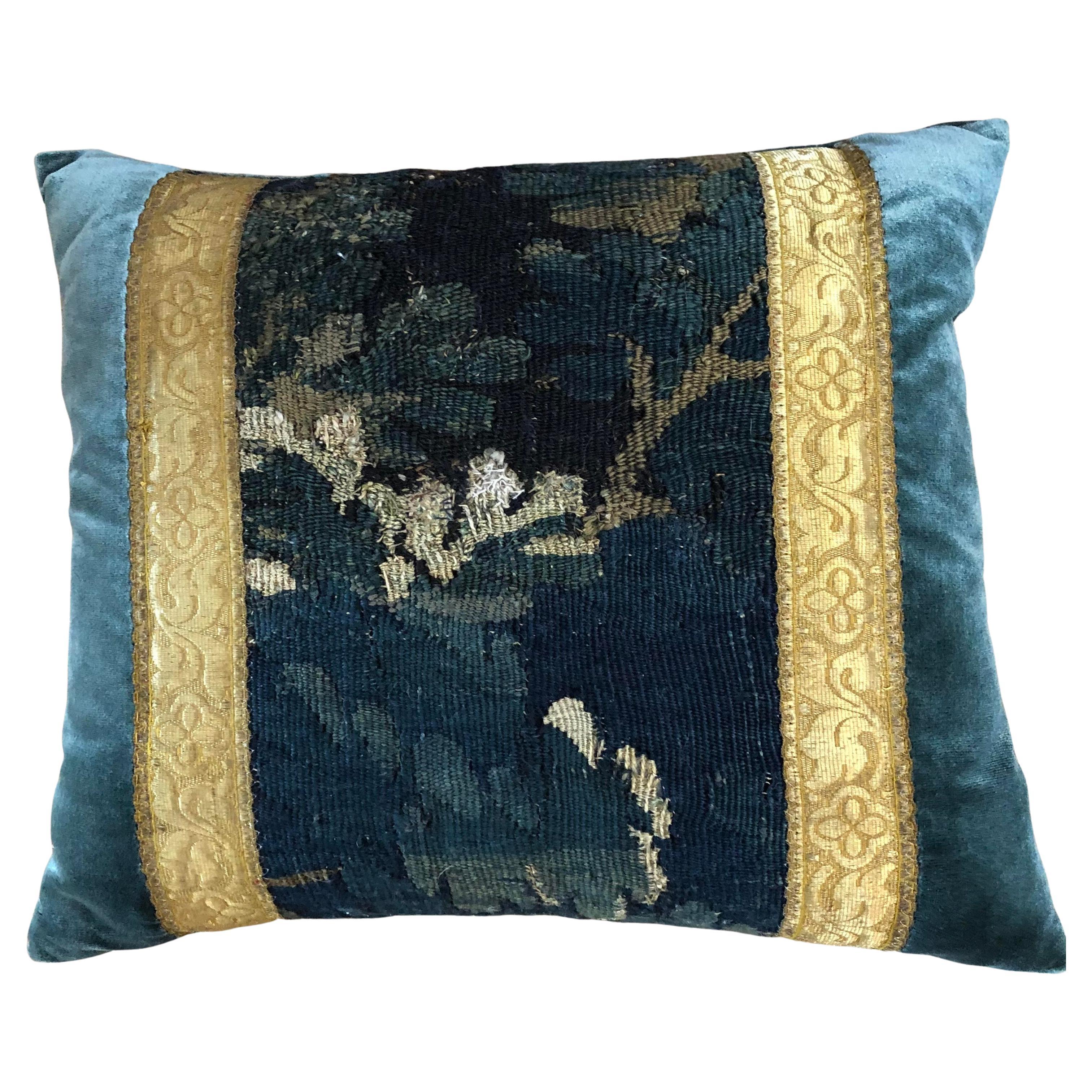 18th Century Verdure Tapestry with Blue Silk Velvet Pillow For Sale