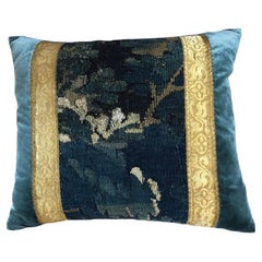 Antique 18th Century Verdure Tapestry with Blue Silk Velvet Pillow