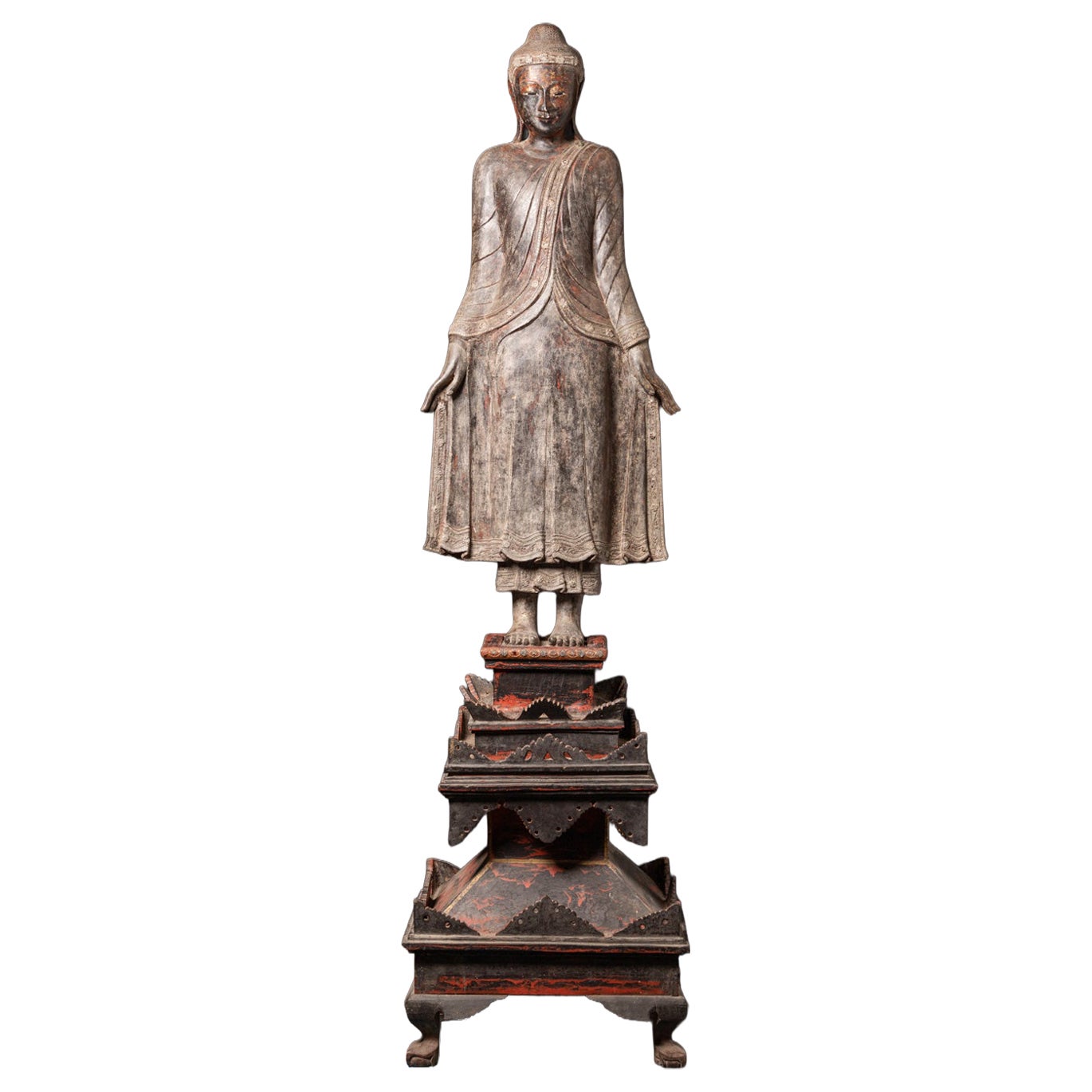 18. Jahrhundert: Sehr große und außergewöhnliche antike burmesische Buddha-Statue aus Holz