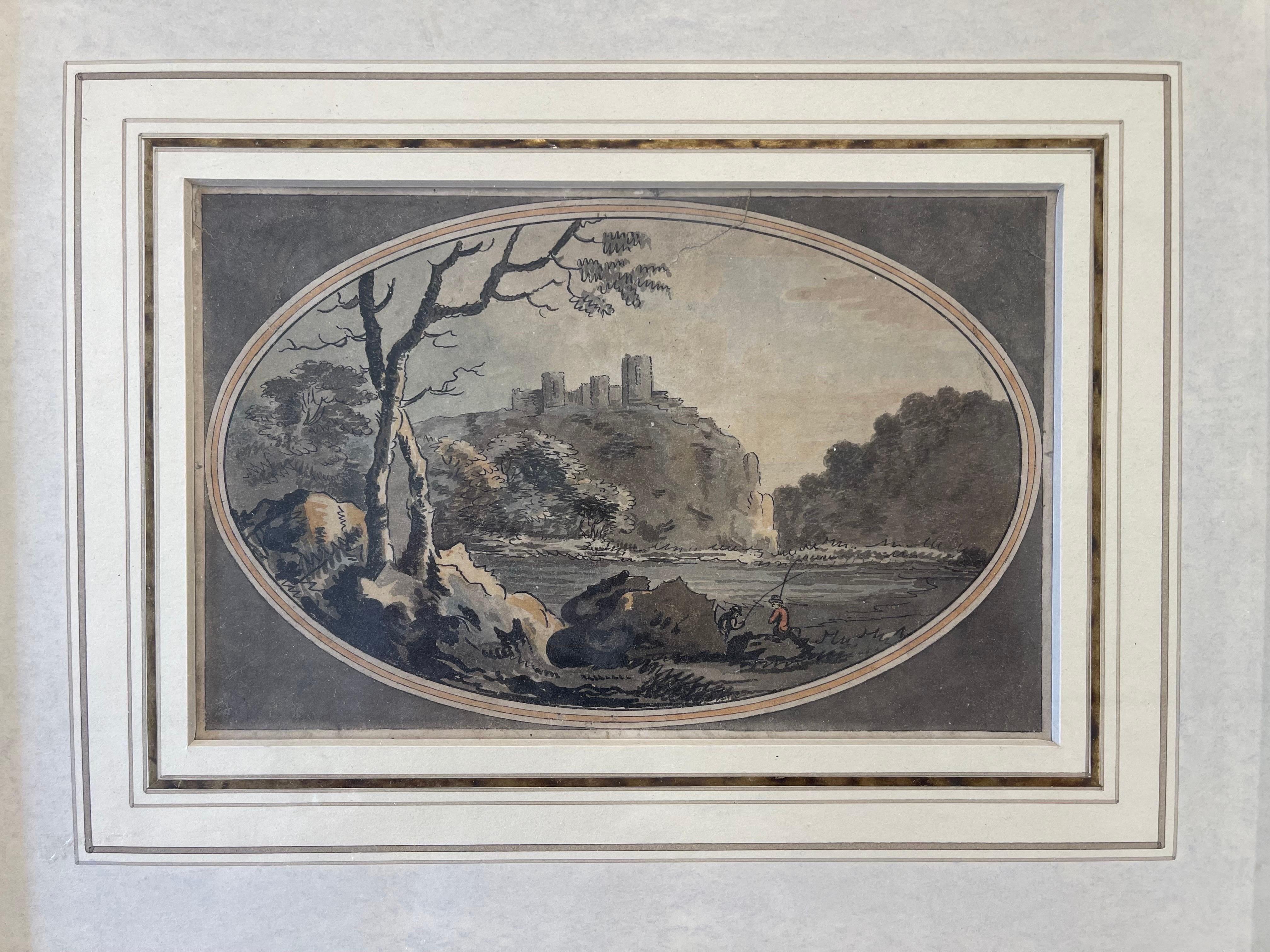 Attributed to the great William Marlow (British, 1740-1813). The ink, graphite and watercolor painting is likely a sketch for a larger work produced by Marlow or someone in his studio. Depicting Carreg Cennen Castle in the background with several