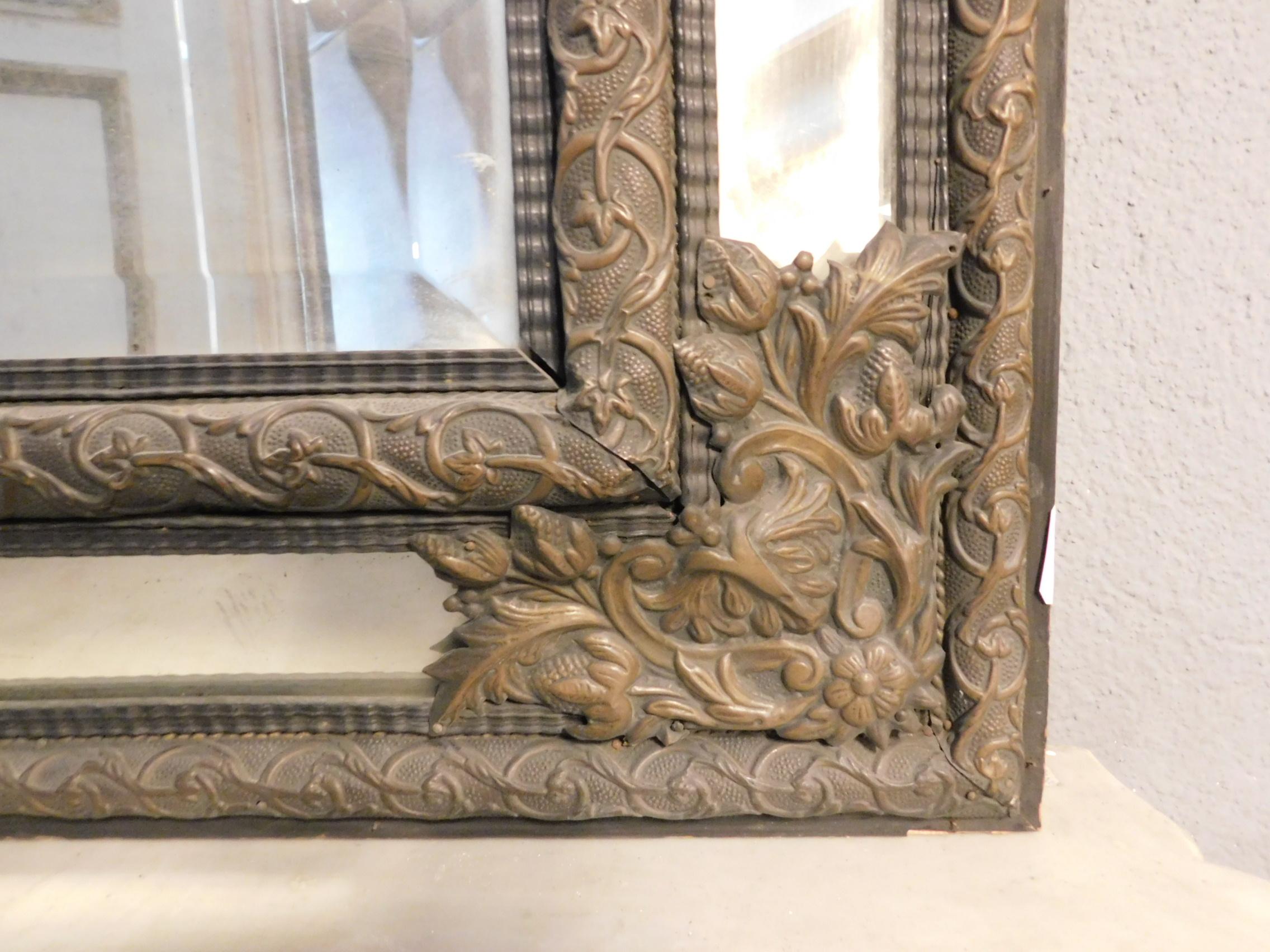 Italian 18th Century Vintage Antique Mirror with Metal Frame, Embossed, Brown