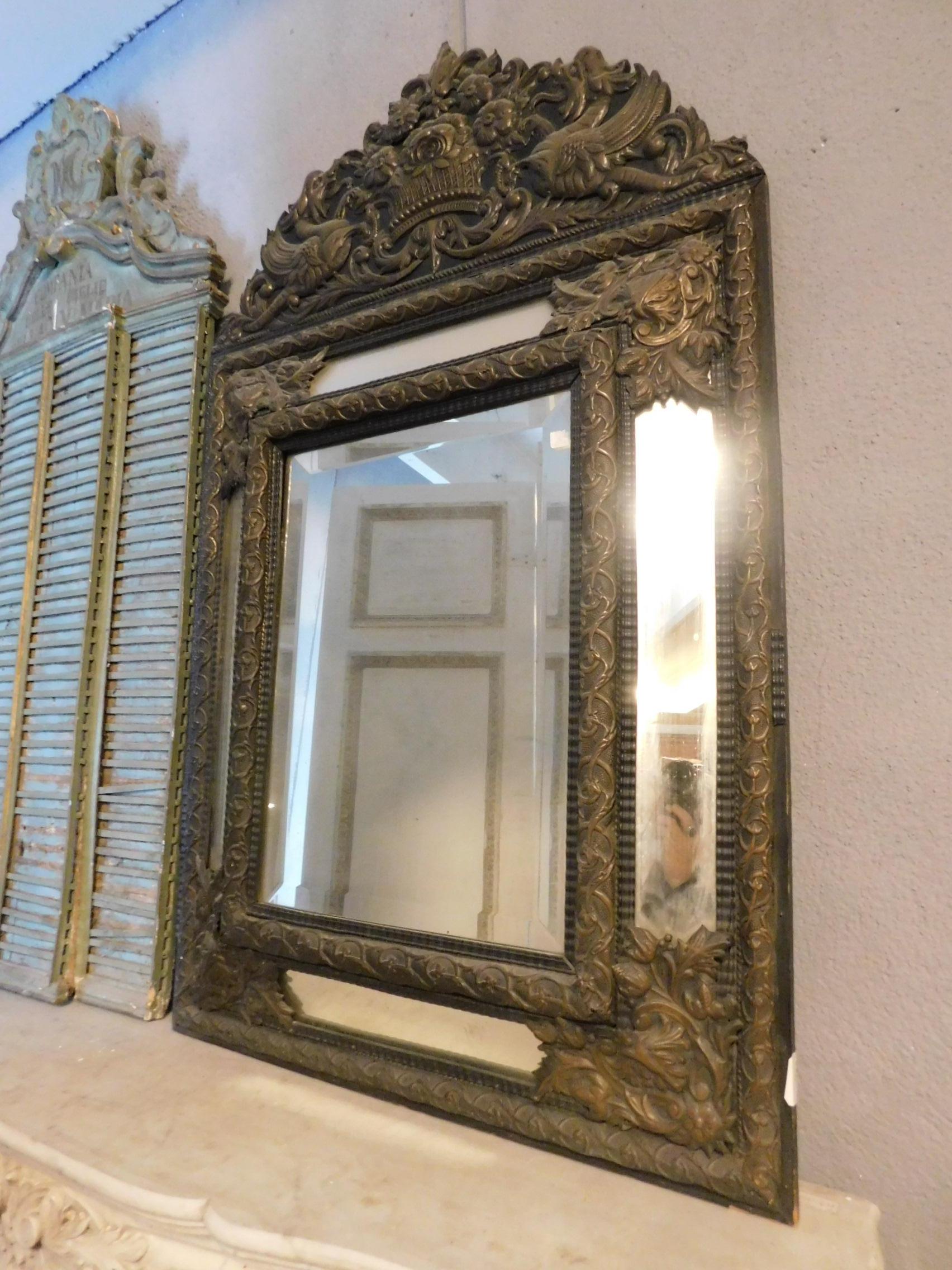 18th Century Vintage Antique Mirror with Metal Frame, Embossed, Brown In Good Condition In Cuneo, Italy (CN)