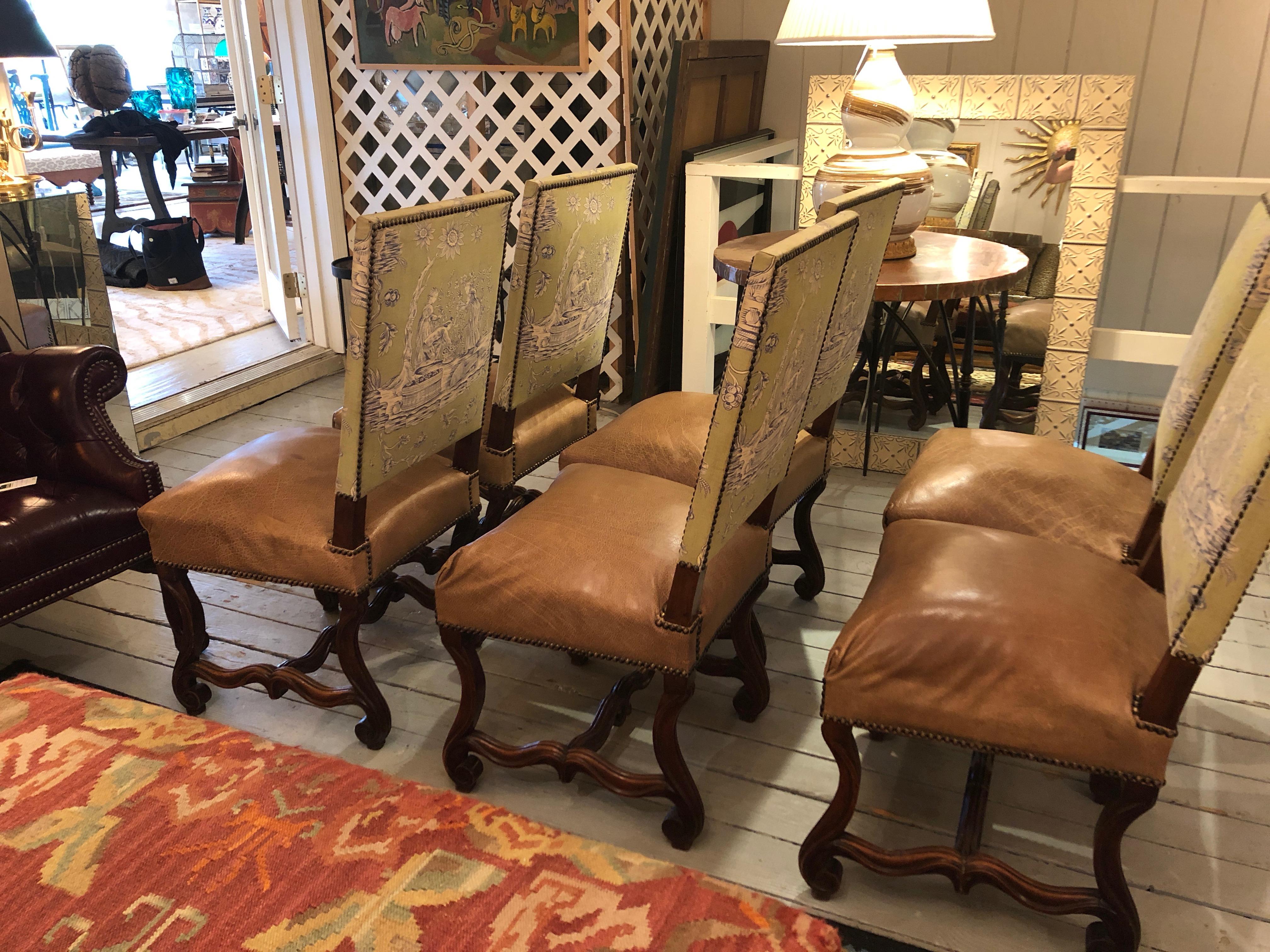 Chaises de salle à manger vintage de style Louis XIV du 18ème siècle avec cuir et toile 6