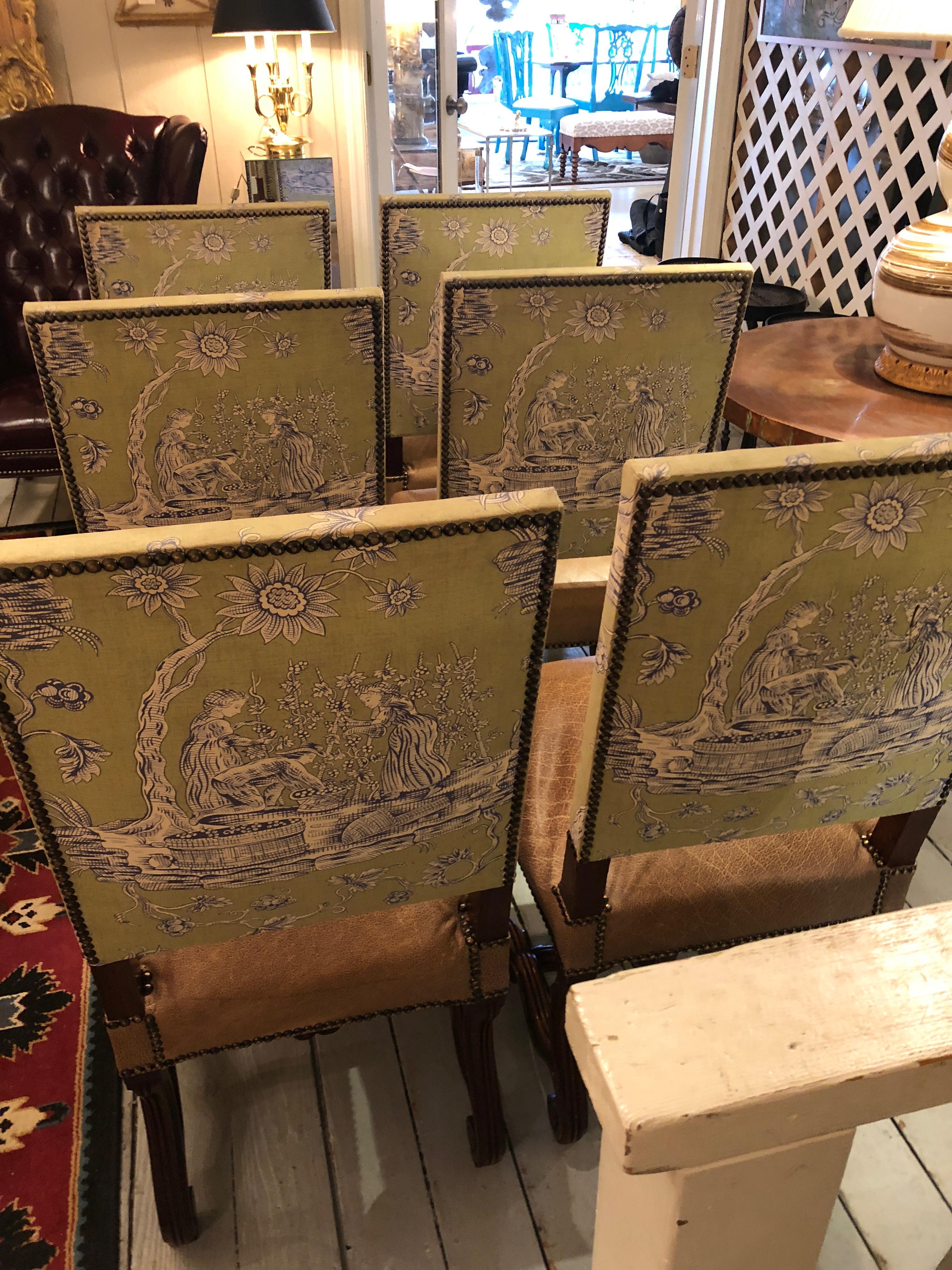 Chaises de salle à manger vintage de style Louis XIV du 18ème siècle avec cuir et toile 7