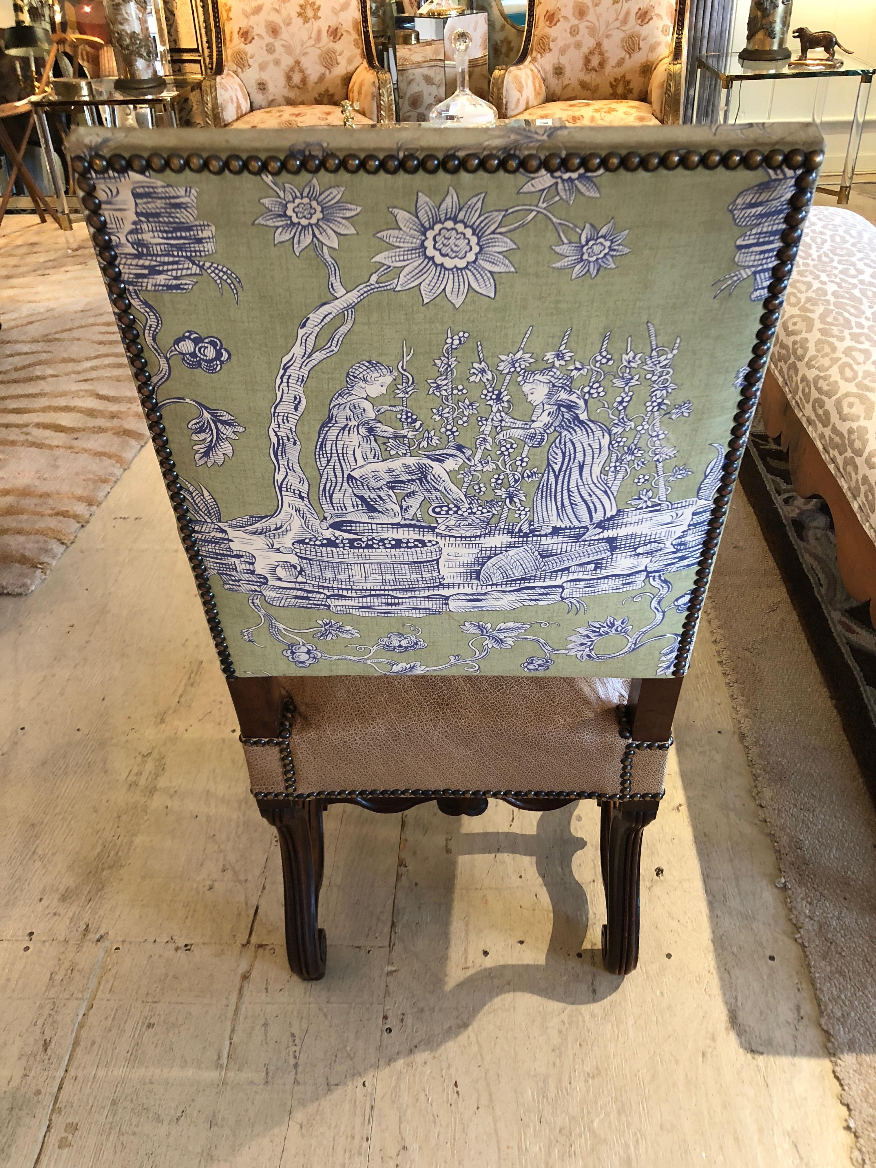 Chaises de salle à manger vintage de style Louis XIV du 18ème siècle avec cuir et toile 1