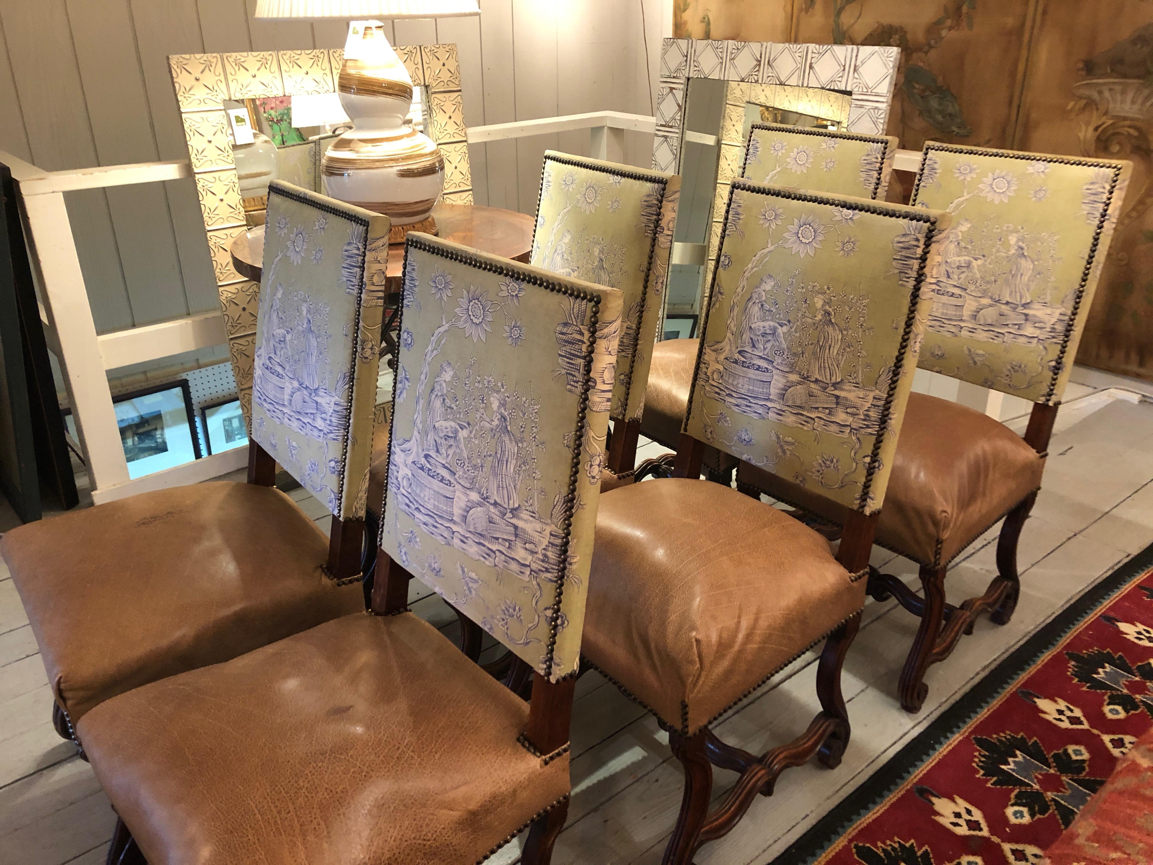 Chaises de salle à manger vintage de style Louis XIV du 18ème siècle avec cuir et toile 2