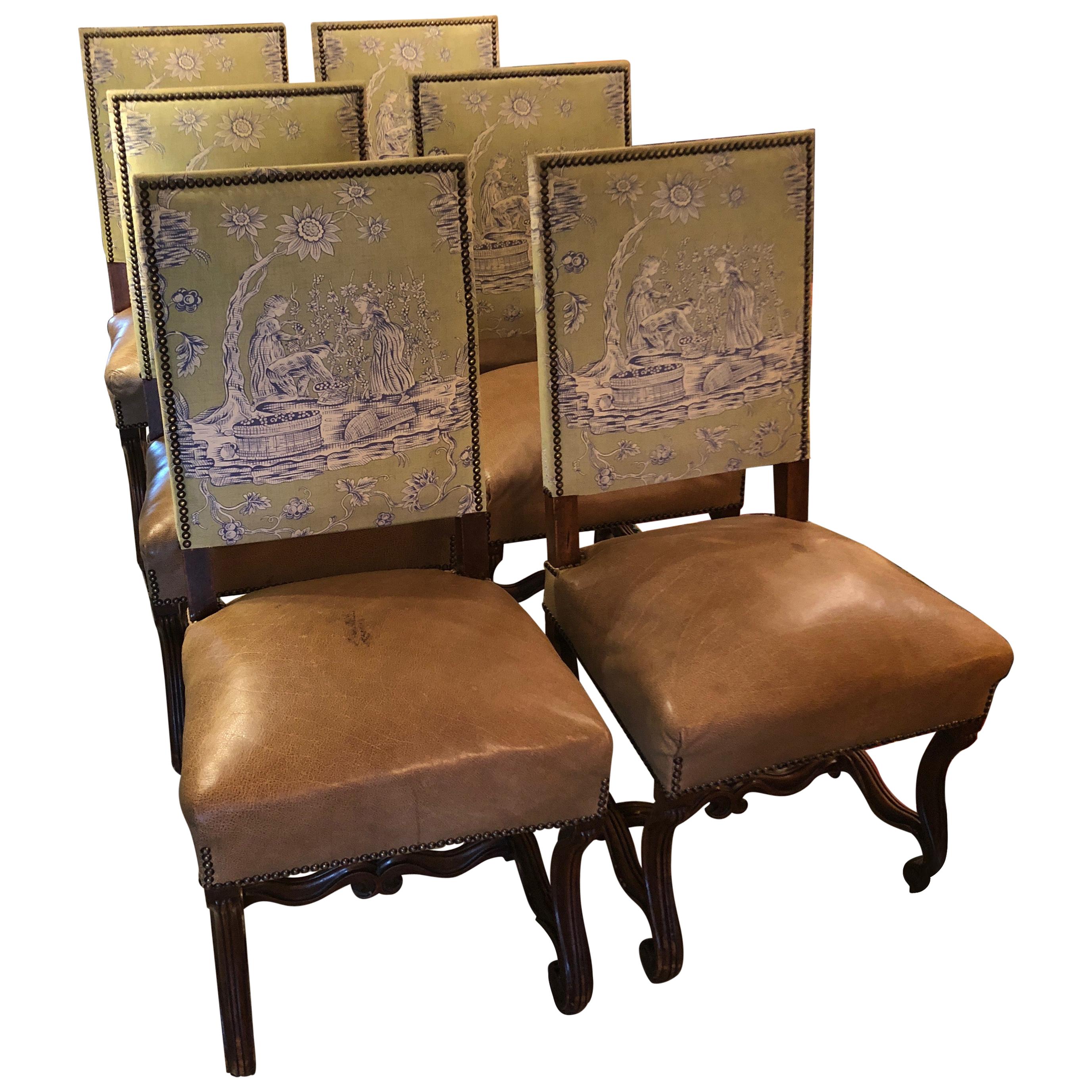 18th Century Vintage Louis XIV Style Dining Chairs with Leather & Toile