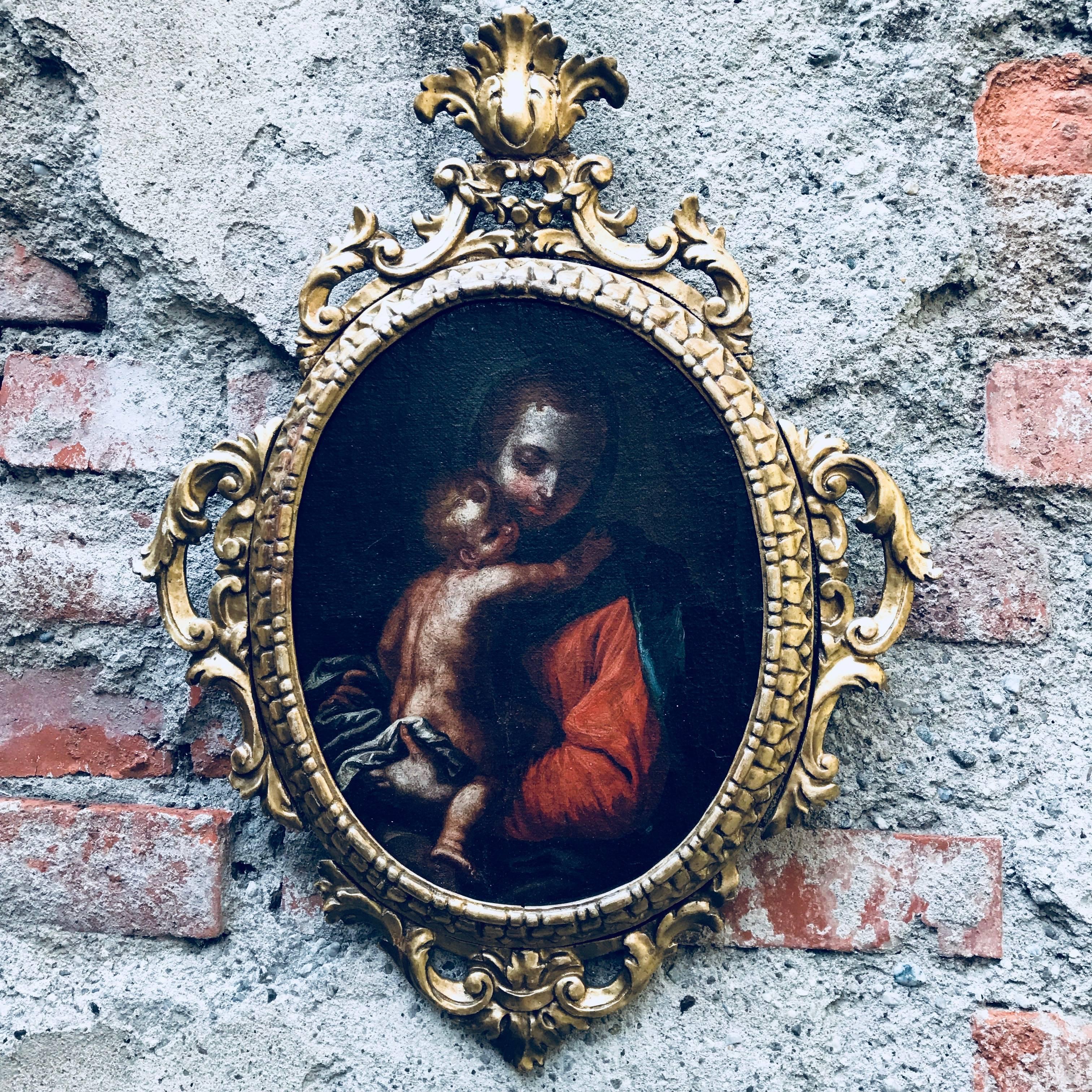 Canvas 18th Century Italian Venetian School Virgin with Child Oval Religious Painting