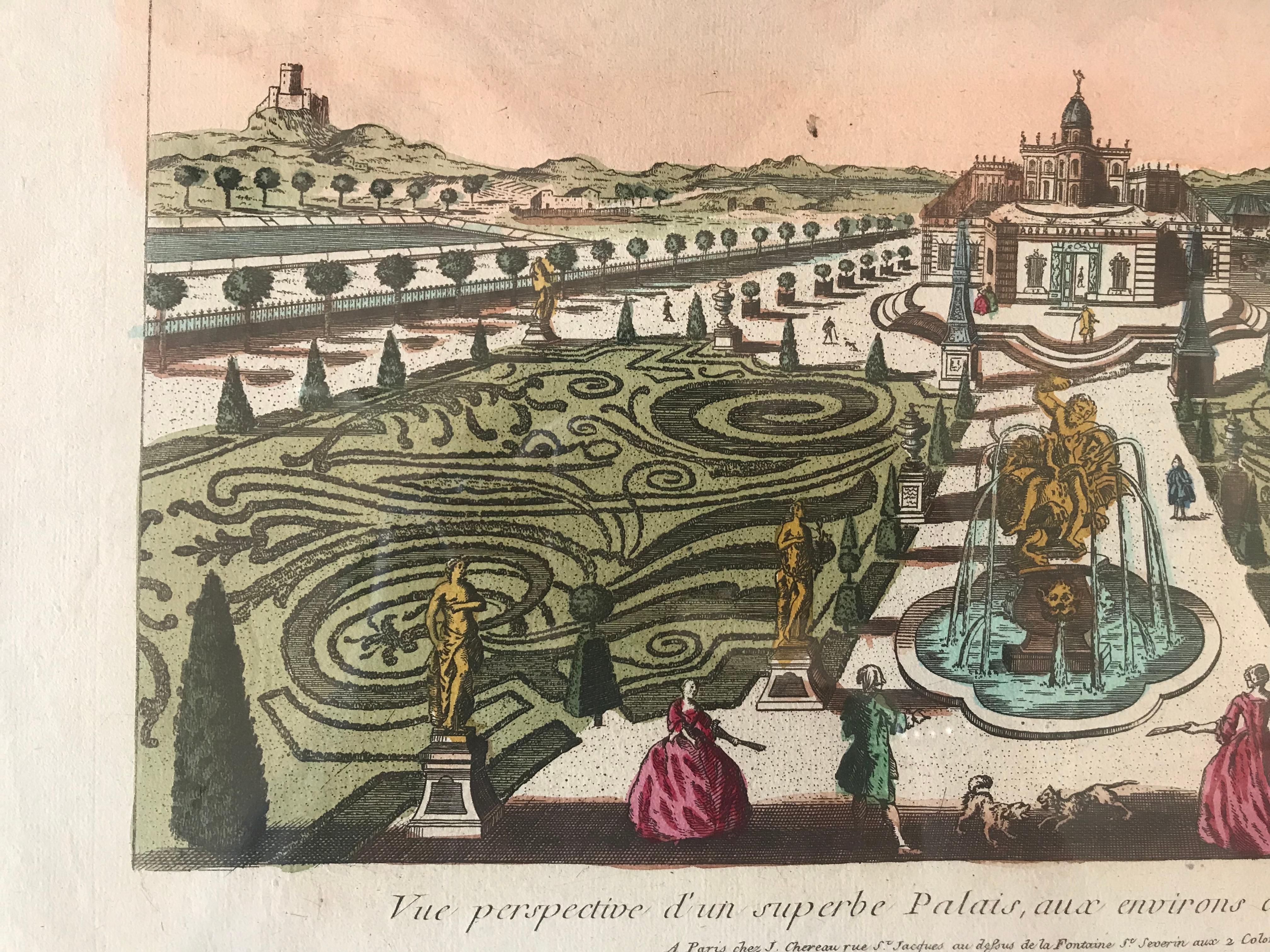 18th century Vue d’Optique hand-colored engraving of a Spanish palace, Madrid.
Custom frame.